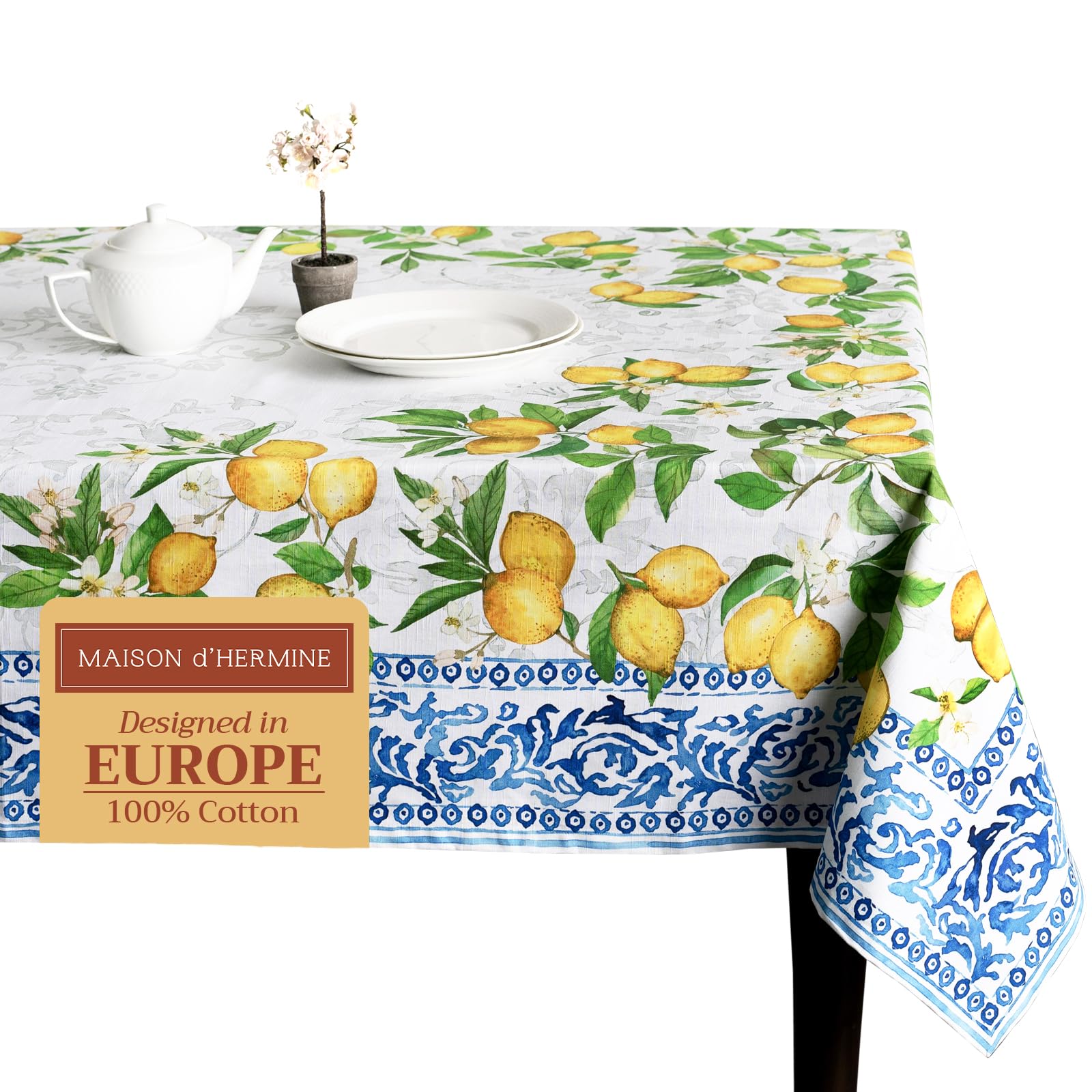 Maison d' Hermine Table Cloth Rectangle Table 100% Cotton 180 cm x 140 cm Tablecloth Reusable Everyday Use for Dining Farmhouse Home Party Festive Gifts for Mothers Day (Cedrat)