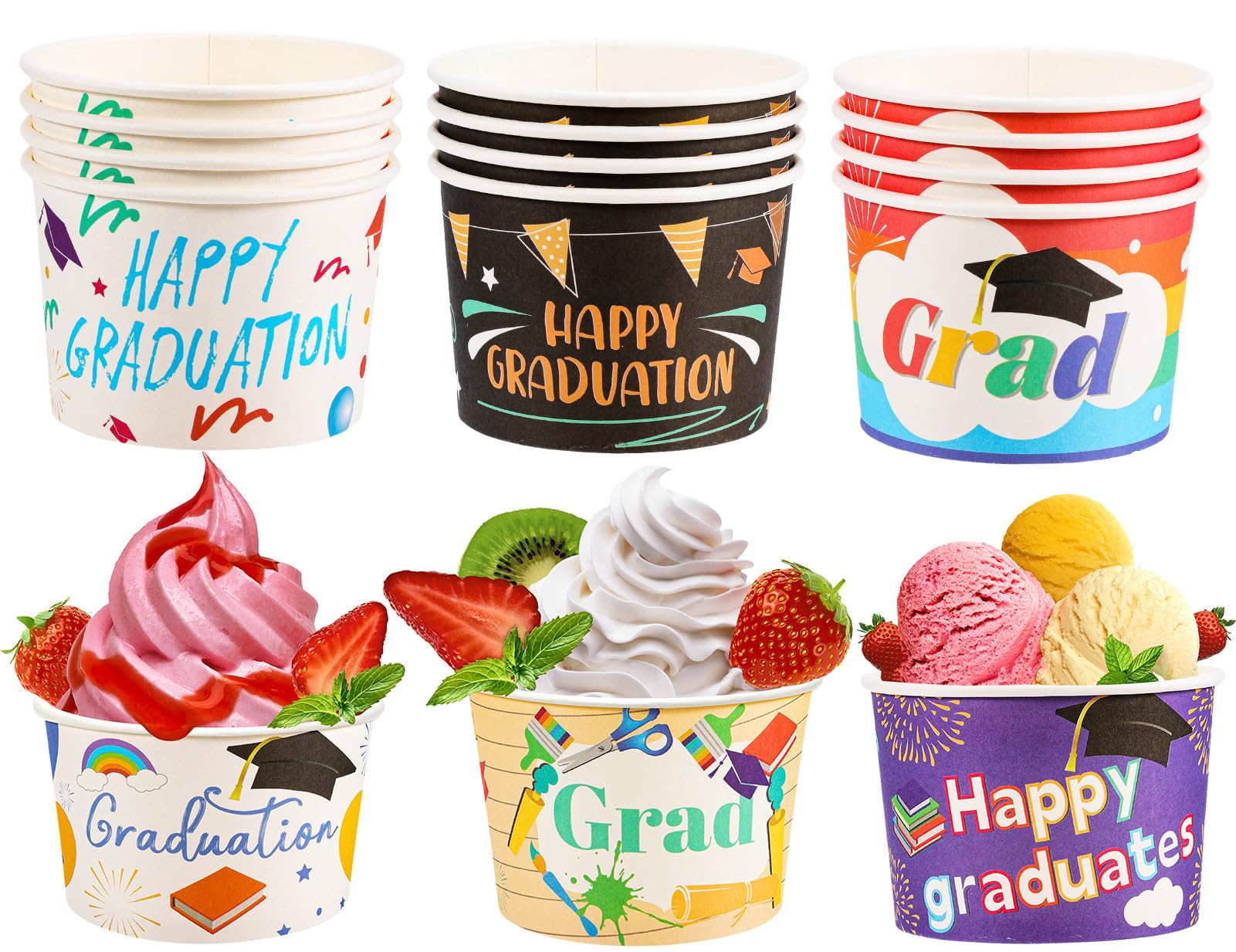 HOWAF 24pcs Kindergarten Graduation Party Treat Snack Cups, Preschool Grad Disposable Paper Cup Dessert Ice Cream Bowls for 2025 Grads Party Supplies,