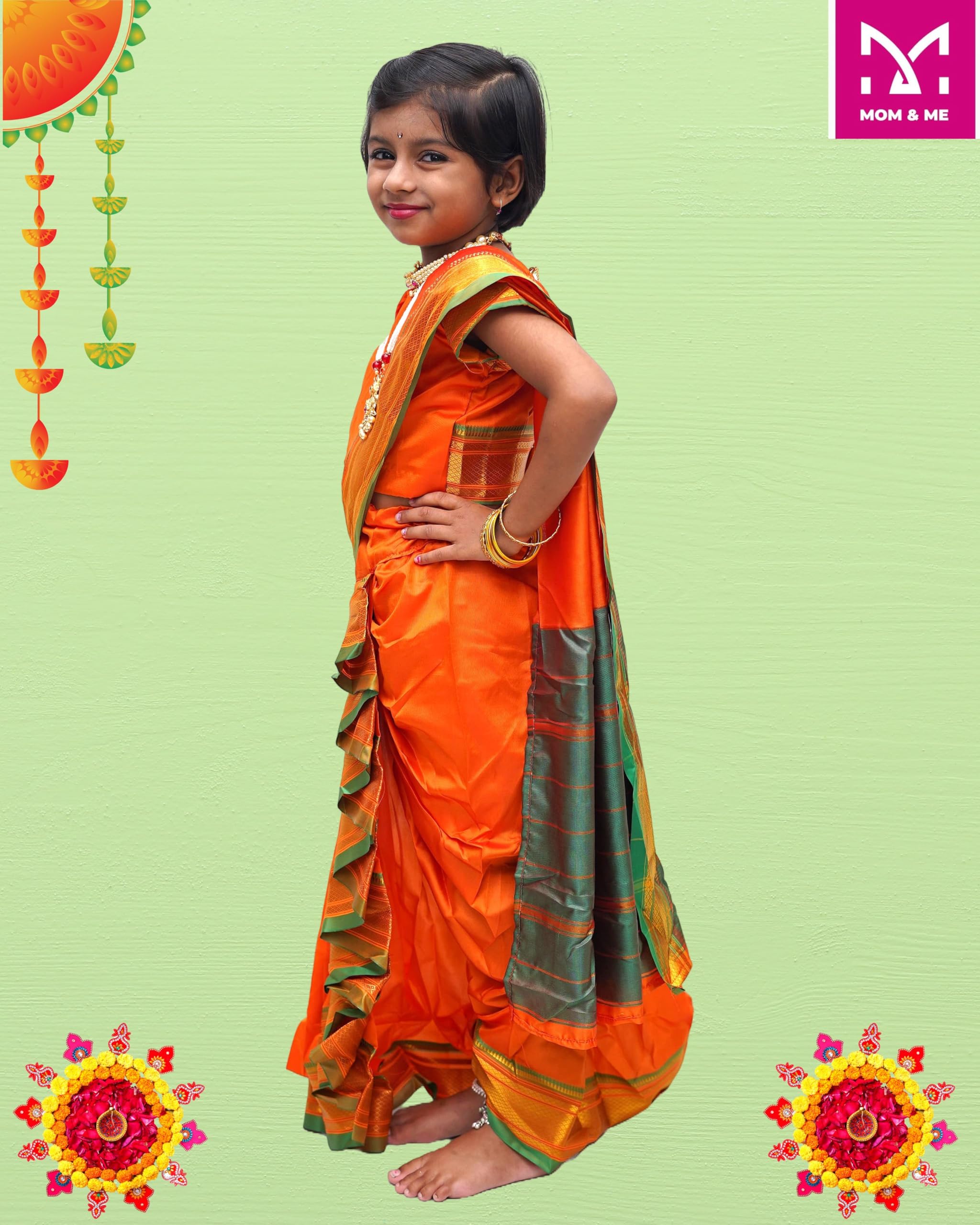 Mom and Me Nauvari Saree for Girls/Baby Girl, Ready to Wear, Marathi Maharashtrian Traditional Saree, Festival Outfit for Puja, Ganpati Festival, School Programs stitch Blouse (Mustard, 2-3 Y) - Image 6 thumbnail