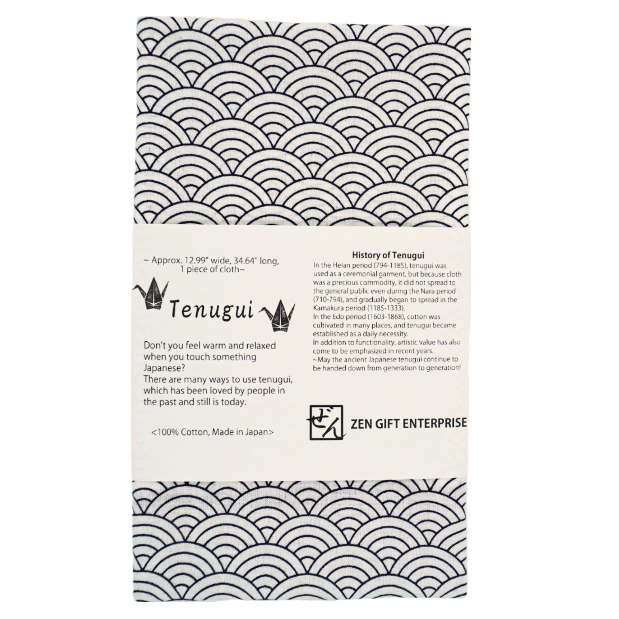 Japanese Towel Tenugui with Fray Prevention Processing, Traditional, Seigaiha Navy Blue on White, 12.99 x 34.64 in, Made in Japan