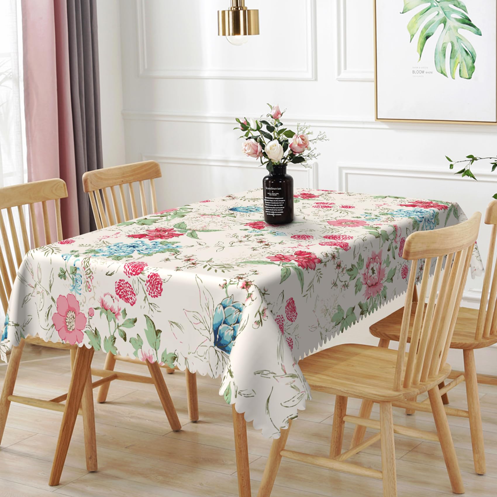 TTQYFNM 60x108inches Meadow Flowers Rectangle Tablecloth Red Blue Floral Print Pattern Polyester Fabric Table Cloth Waterproof and Stain Resistant