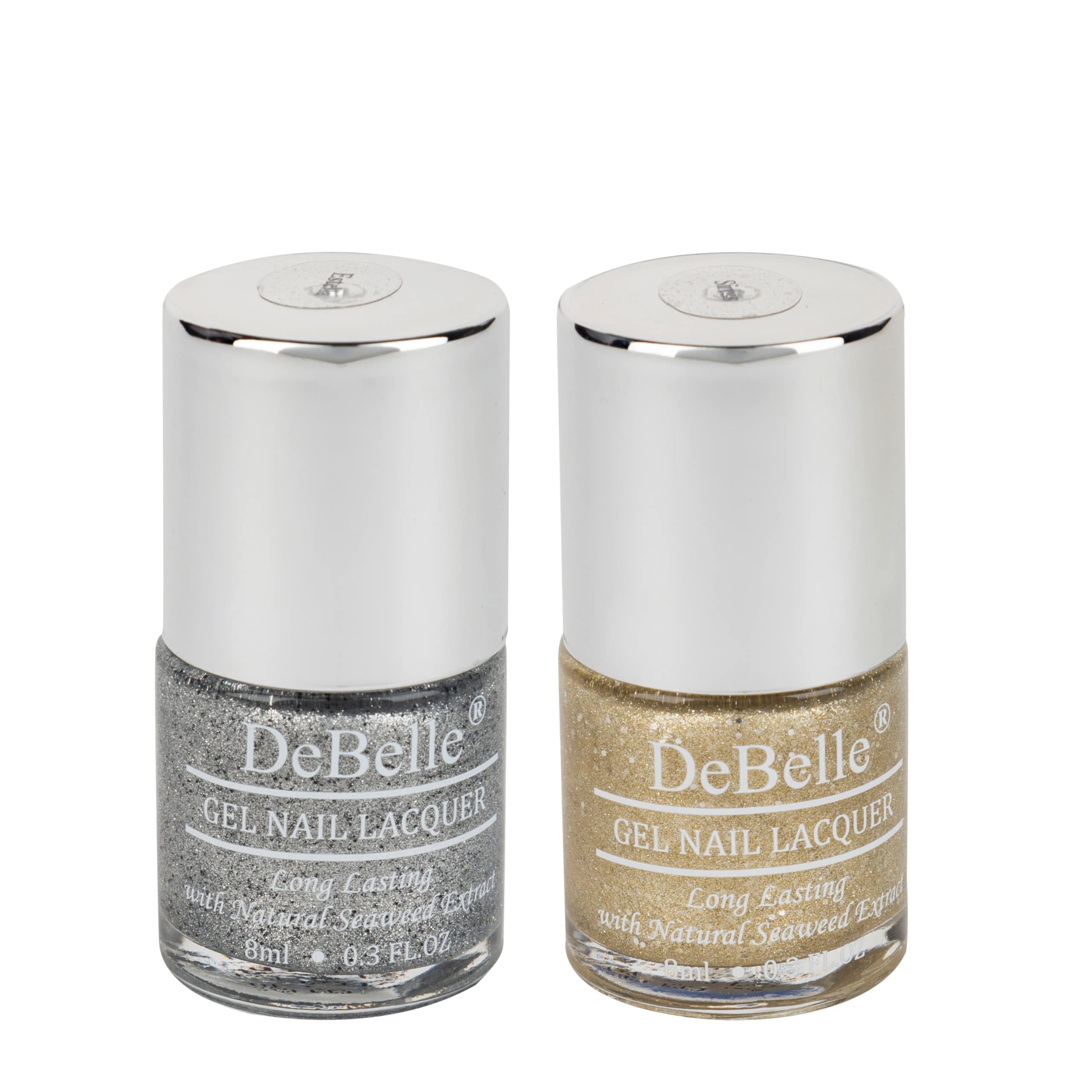 DeBelle Gel Nail Polish Gift Set of 2 Sirius (Gold With Silver Glitter), Estella(Silver with Black Glitter) 16ml (8 ml each Nail Paint)-image-30