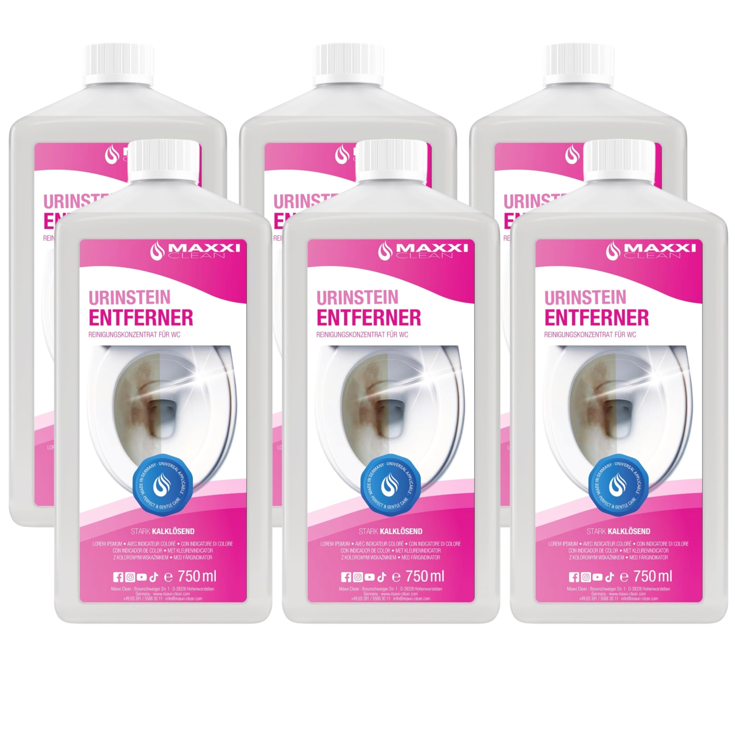 Maxxi Clean | 6 x 750 ml środek do usuwania kamienia moczowego [bardzo mocny] | bardzo mocny i oszczędny środek do czyszczenia WC | usuwa uporczywe osady, takie jak kamień moczowy i kamień wapienny