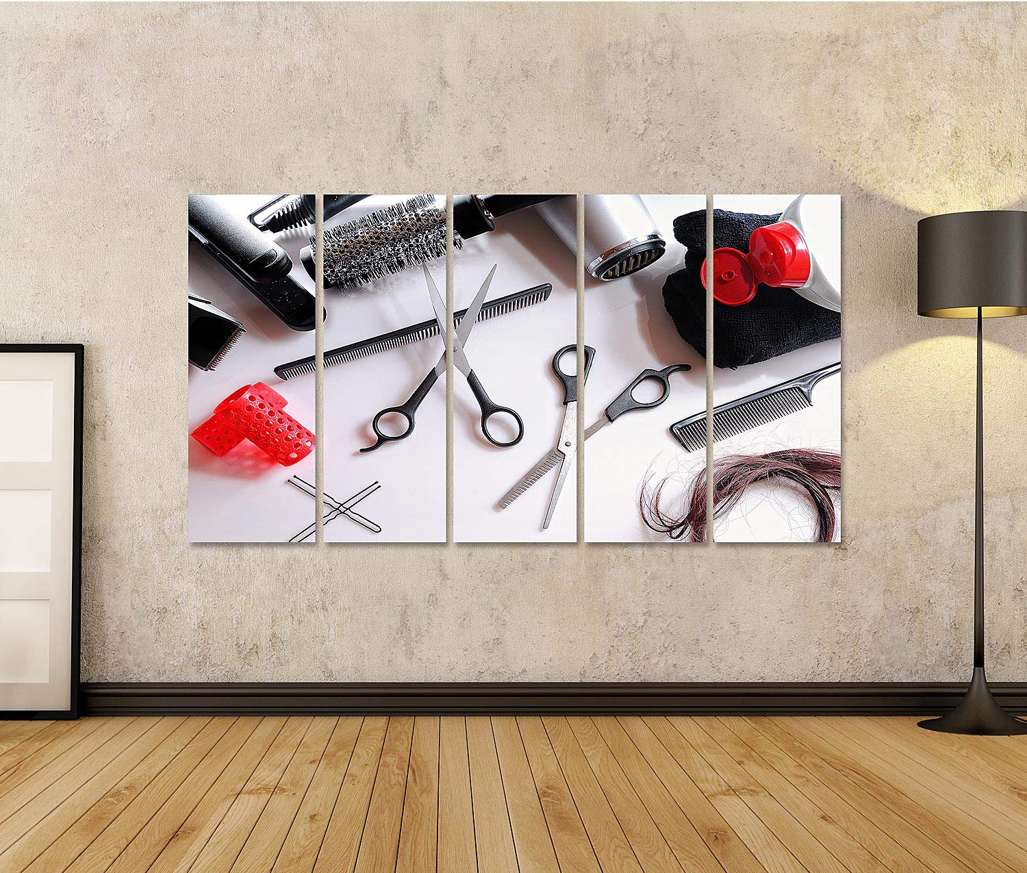 Quadro su tela Composizione orizzontale strumenti parrucchiere su un tavolo bianco e sfondo bianco isolato vista dall'alto Stampe Arte Poster Murale