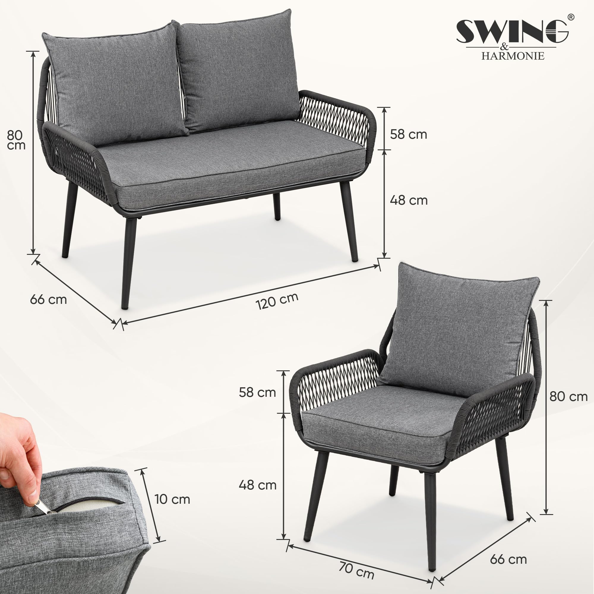 Swing&Harmonie® Gartenmöbel Lounge-Set „Sienna“ – Sitzgruppe mit Tisch, Sofa, Sesseln & Stühlen – wetterfest – Seilgeflecht – WPC-Tischplatte – Outdoor Essgruppe (anthrazit/Holz, 6 Personen XL)