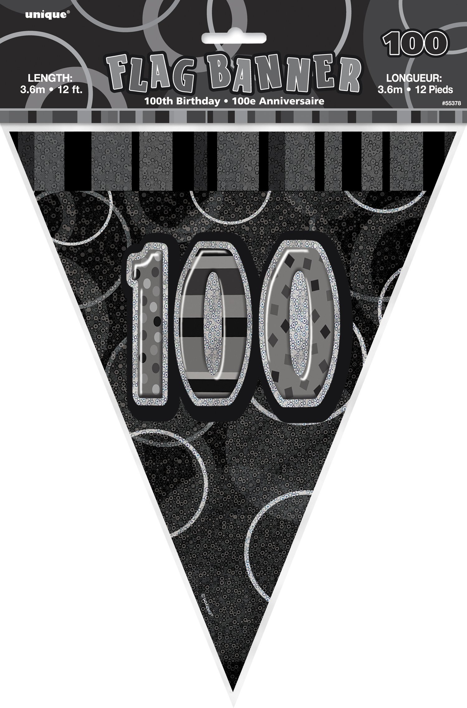 Unique Party Black 55378 - 12Ft Foil Glitz 100Th Birthday Bunting Flags