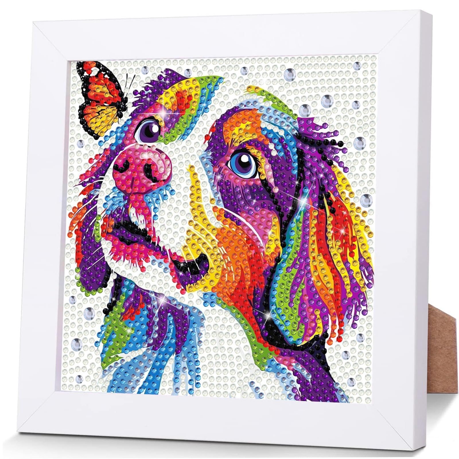 NEWENMO Colorful Dog Diamond Painting Kit with Frame,5D Cute Animal Diamond Art Kits for Kids Ages 6-8,DIY Easy Diamant Painting Mosaic Gem Kit,for Girls&Boys Gift Home Decoration