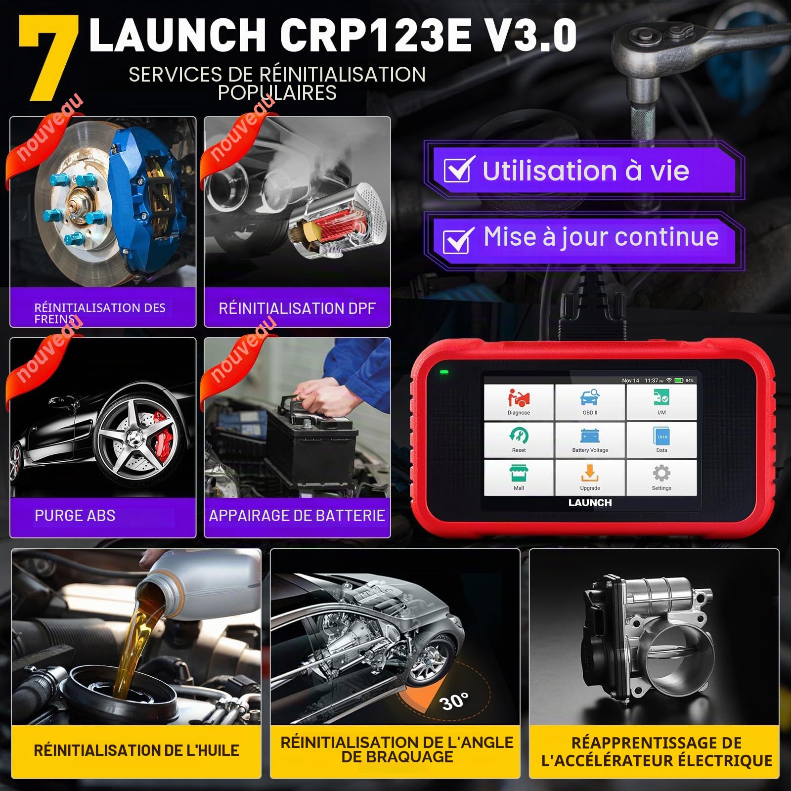 Launch Valise Diagnostic Auto Launch CRP123E V3.0 Diagnostic Voiture 4 Système Moteur ABS SRS at Diagnostic Voiture 7 Réinitialisations Huile EPB SAS BMS accélérateur DPF Réinitialisation Purge ABS