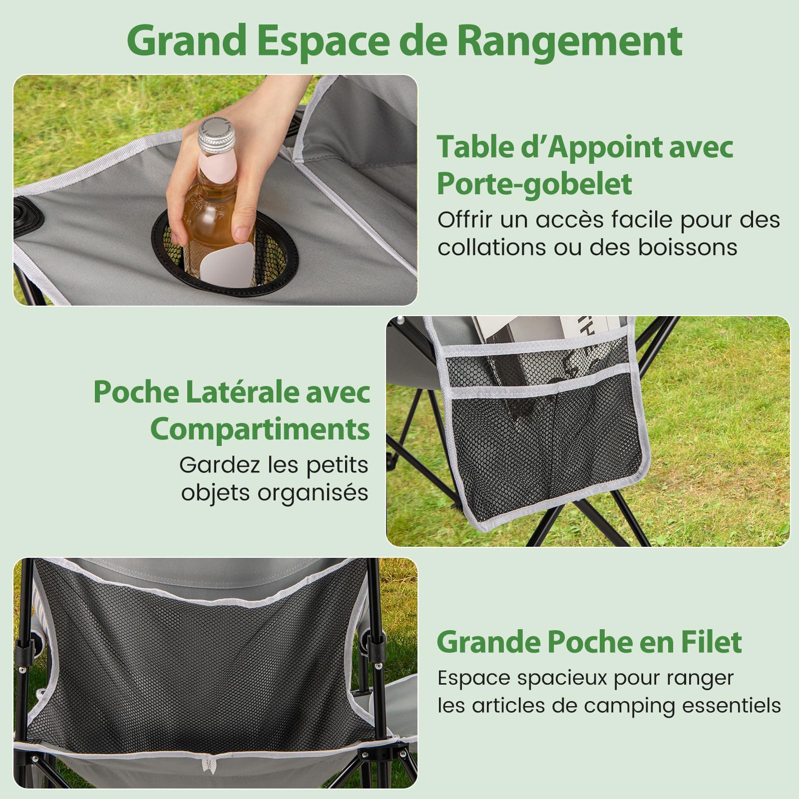 GOPLUS Lot de 2 Chaises de Camping avec Table d'Appoint, Chaise de Plage Pliante avec Porte-gobelet, Poches de Rangement, Ultra Leger, Sac Transport, Charge 150 kg, pour Pêche, Pique-Nique (Gris)