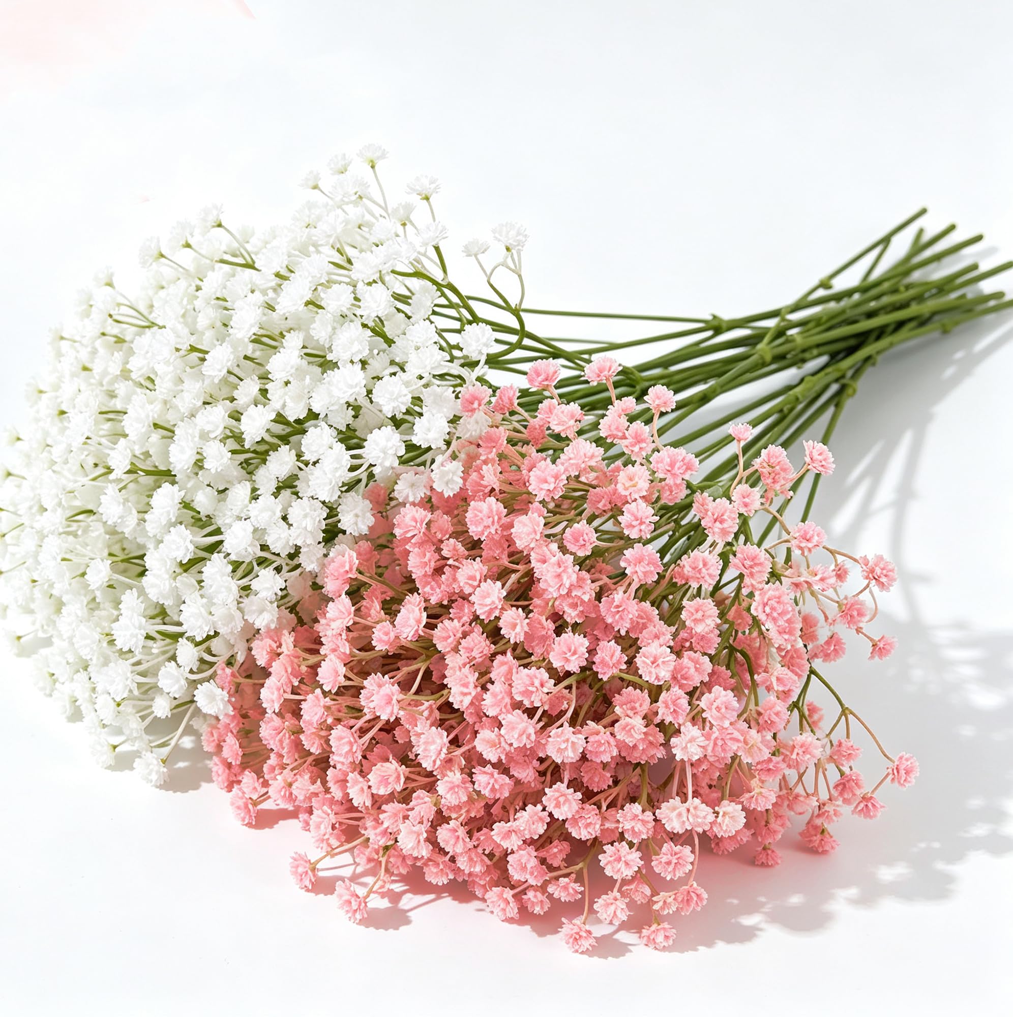 MINWEGI 30 Stems Bright White & Soft Pink 5-Branched Artificial Gypsophila