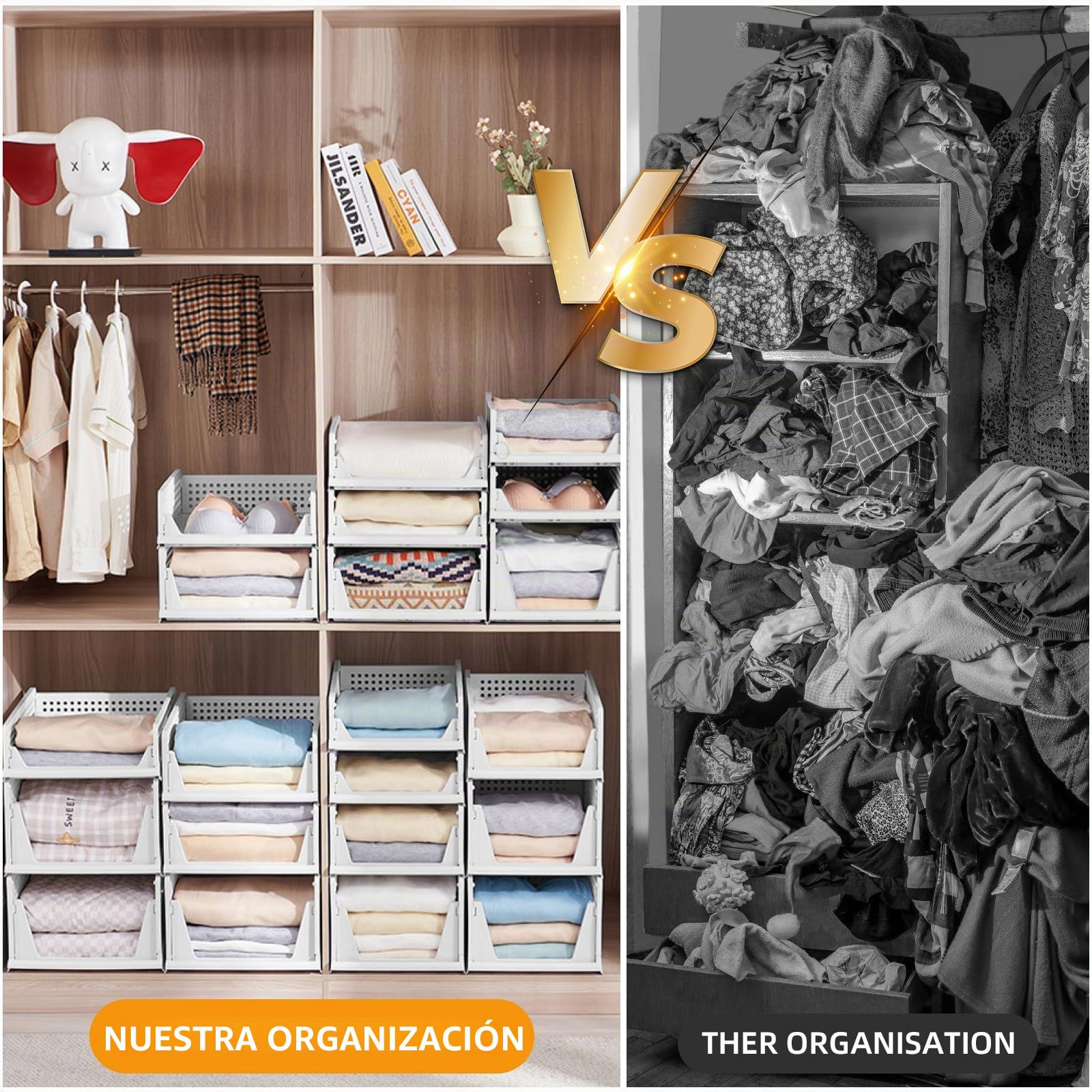 Organizador de almacenamiento para armario, 2 cestas apilables pequeñas, 43 x 33,5 x 14 cm, contenedores de plástico multiusos para armario, baño, oficina, hogar, juguetes, libros, ropa