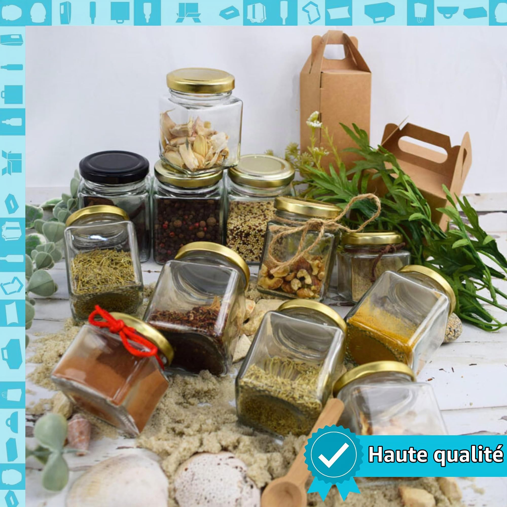 Espirito Rebelde Lot de 20 Pots en Verre Carrés 100 ml avec Couvercle Doré – Bocaux de Rangement pour Épices, Confiture et Yaourt | Cuisine Organisée