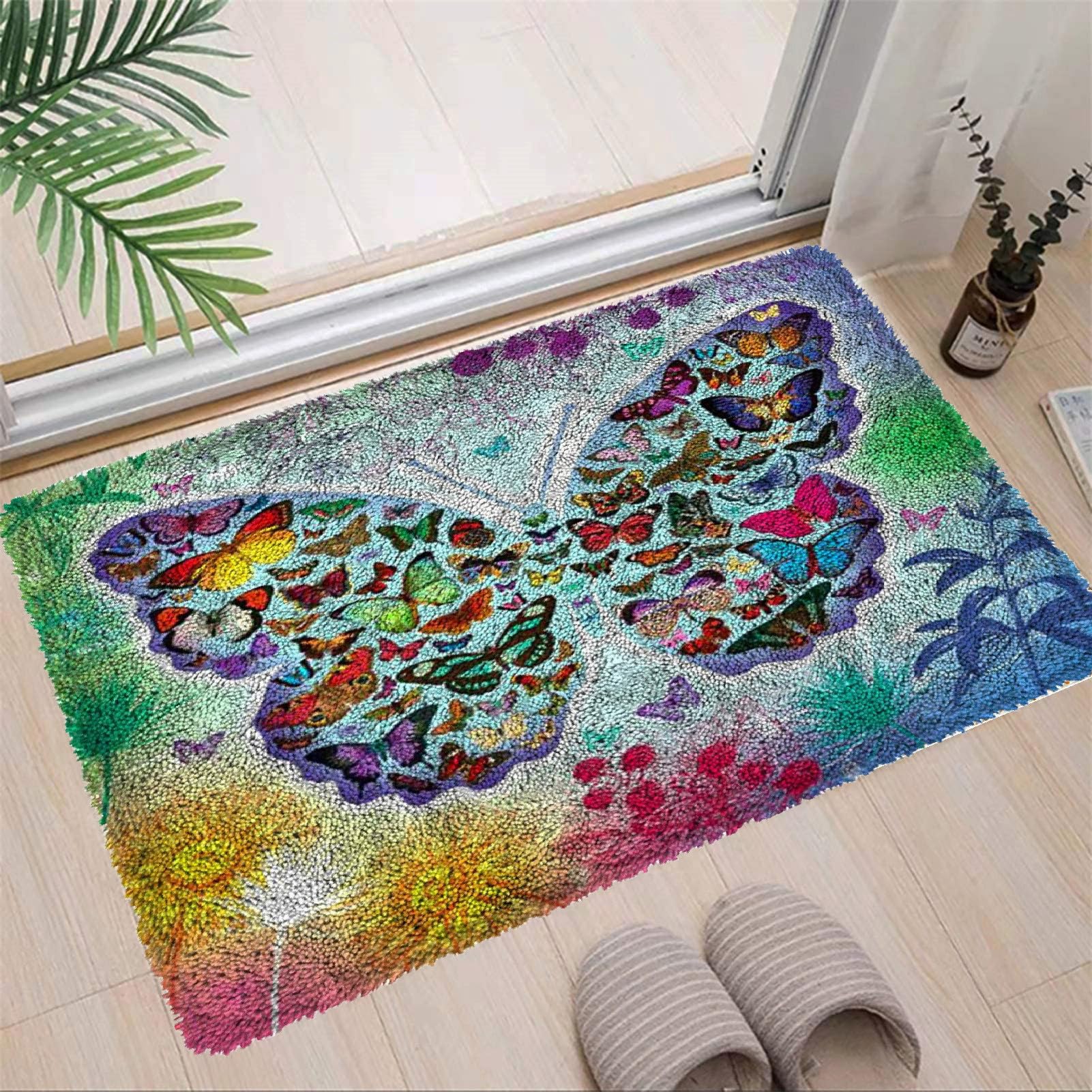 DUBENS Dywan z guzikami do samodzielnego zawiązania, zestaw dywanów dla dorosłych i dzieci, zestaw do haftu krzyżykowego do dekoracji domu (75 cm x 55 cm, motyl)