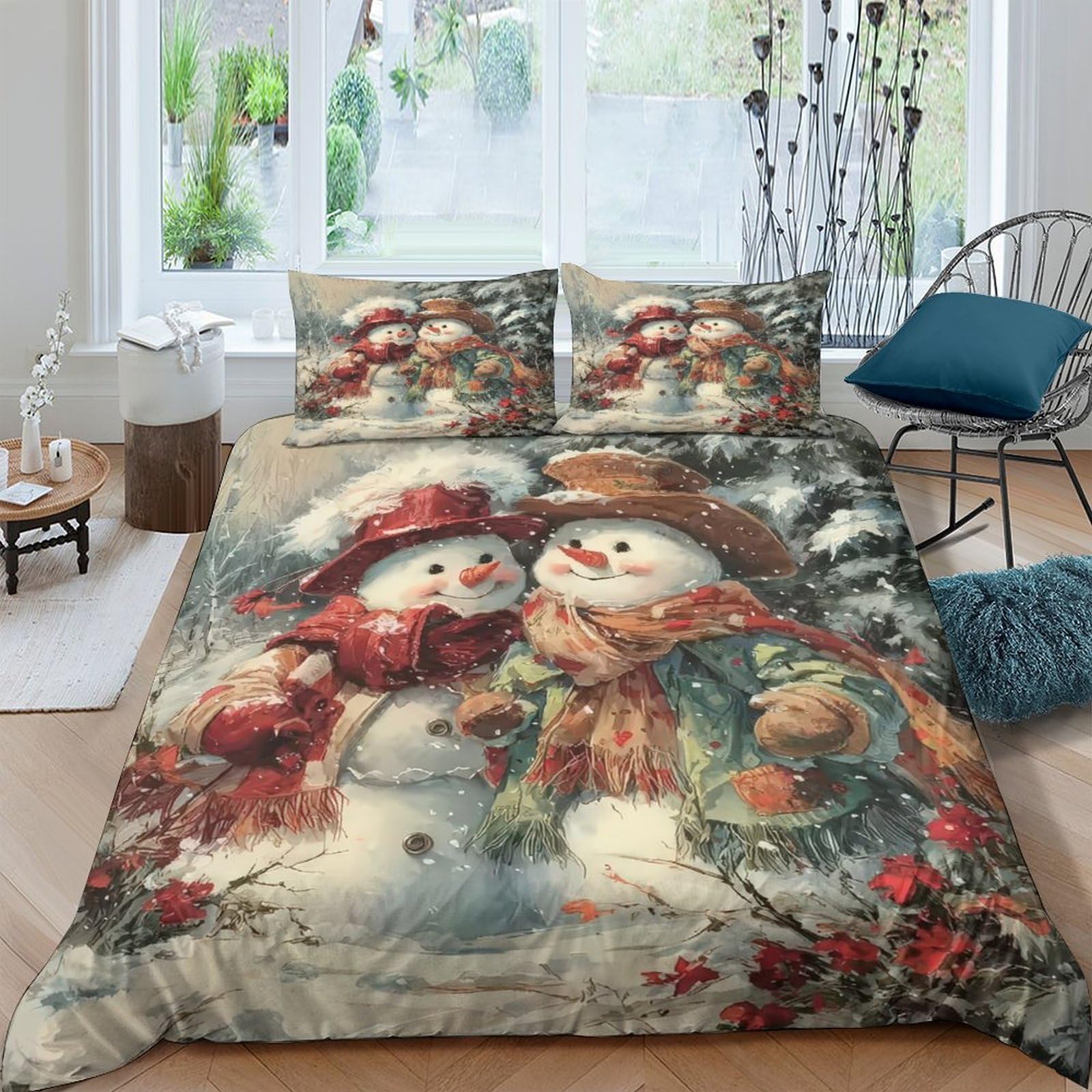 Ctjqhvkz Style-1 3D Printed Vintage Snowman Fitted Sheet Microfiber Soft Red Hat Christmas Bed Cover For Bedroom Dorm Guest Room Decor Single（135X200cm）