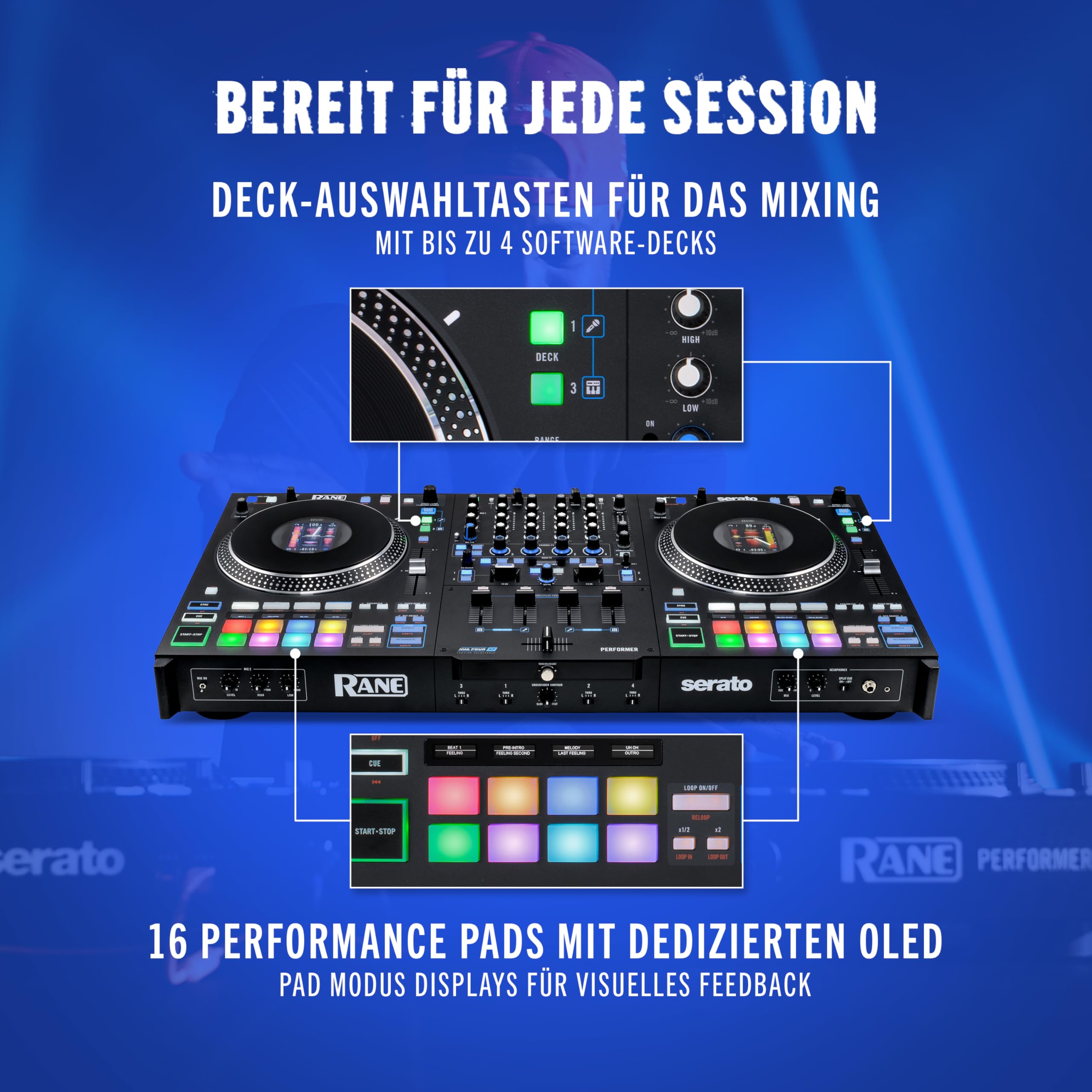 RANE PERFORMER 4-Kanal Pult, Motorisierter DJ Controller, 7-Zoll Platters mit Displays, Precision Feel Fader, Stem-Split, Serato DJ Pro Freischaltung