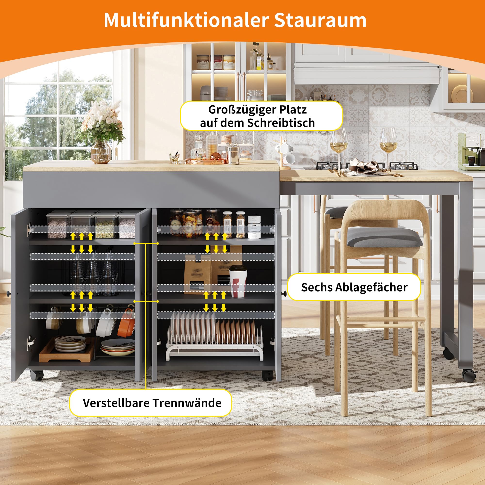 Ausziehbarer Bartisch mit Vielseitiger Stauraum, 360° Drehbarer Stehtisch Kücheninsel mit Verstellbare Tischplatte 131.5-210cm, Kücheninsel mit Rollen, Grau-B, 210x45x92 cm(Ohne Hocker)