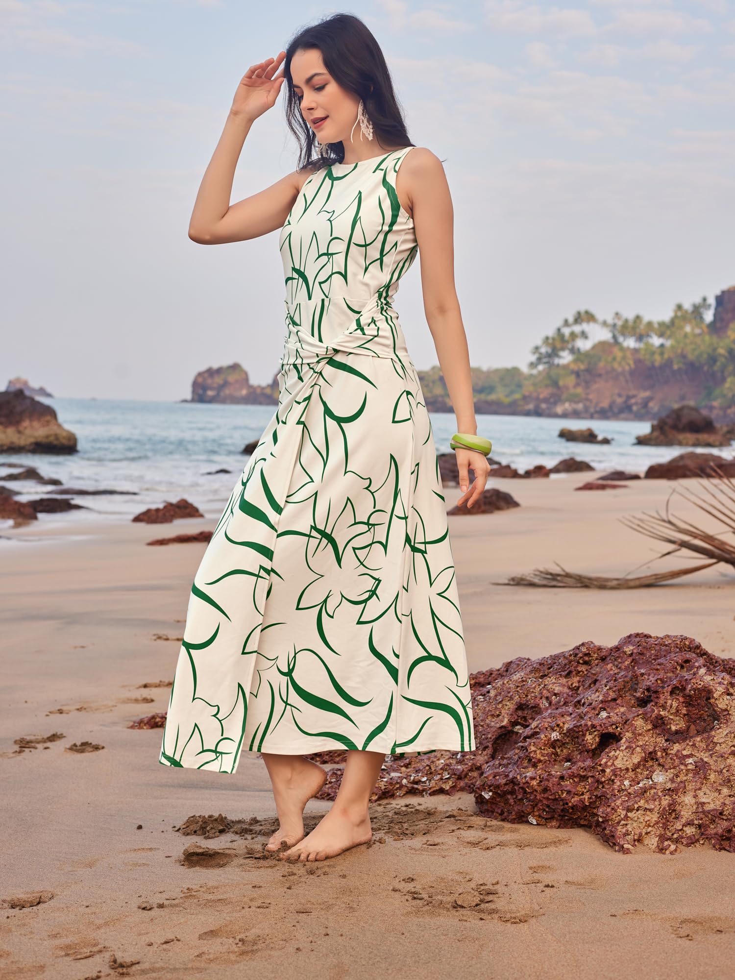 Purvaja Womens Twisted Maxi Length Dress (Wini-043-Grass_White_X-Large)