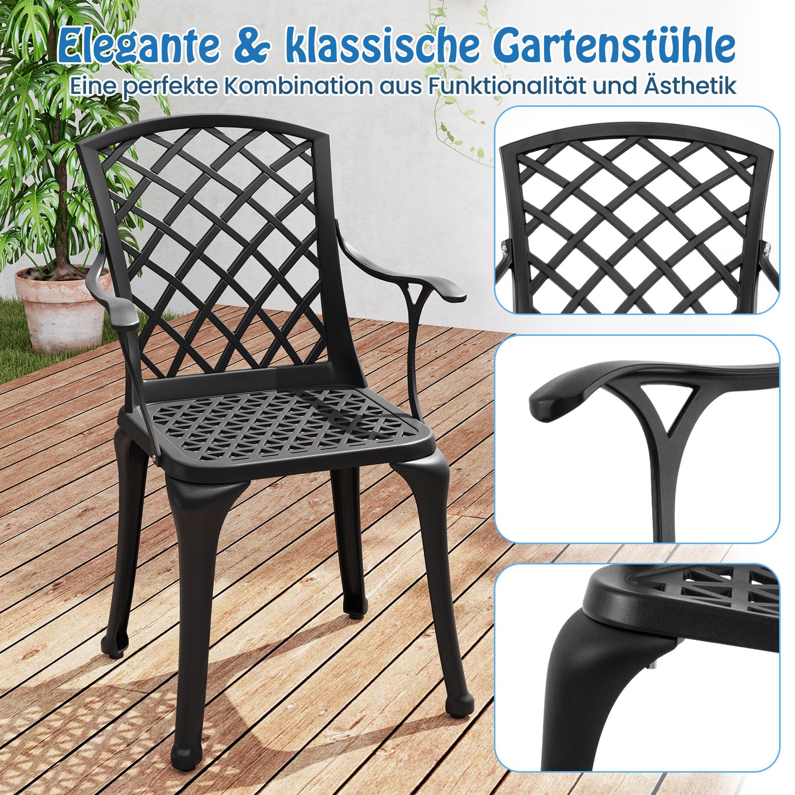 COSTWAY Set van 2 tuinstoelen van gegoten aluminium, weerbestendige terrasstoelen met armleuningen, balkonstoelen voor tuin, balkon, achtertuin