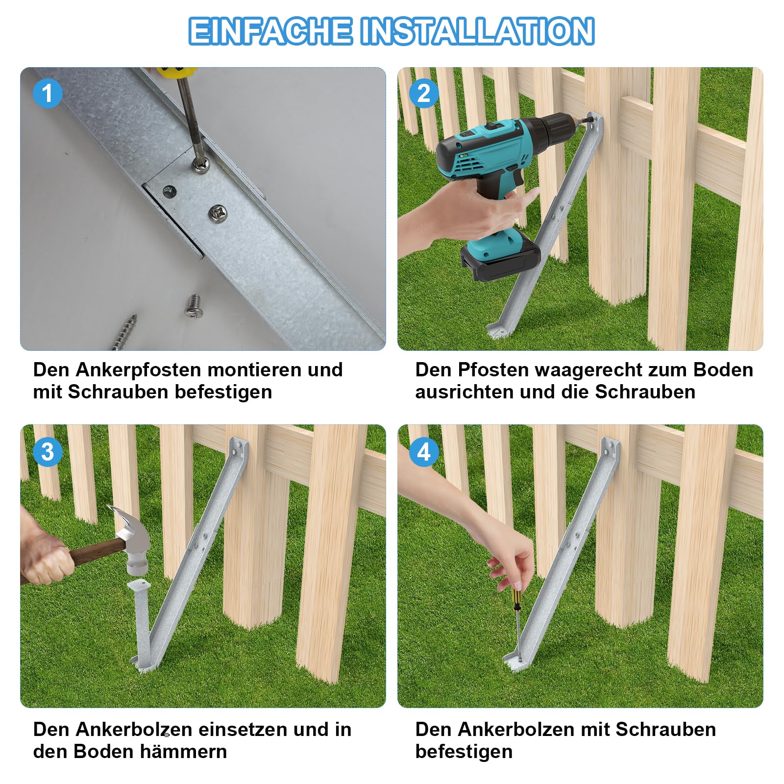 Bodenanker-sturmanker für sichtschutzzaun,Verzinkter Stahl Erdanker für Zaunpfosten,pfostenanker für Gartenzaun,Windanker zur Stabilisierung (4, Silber)