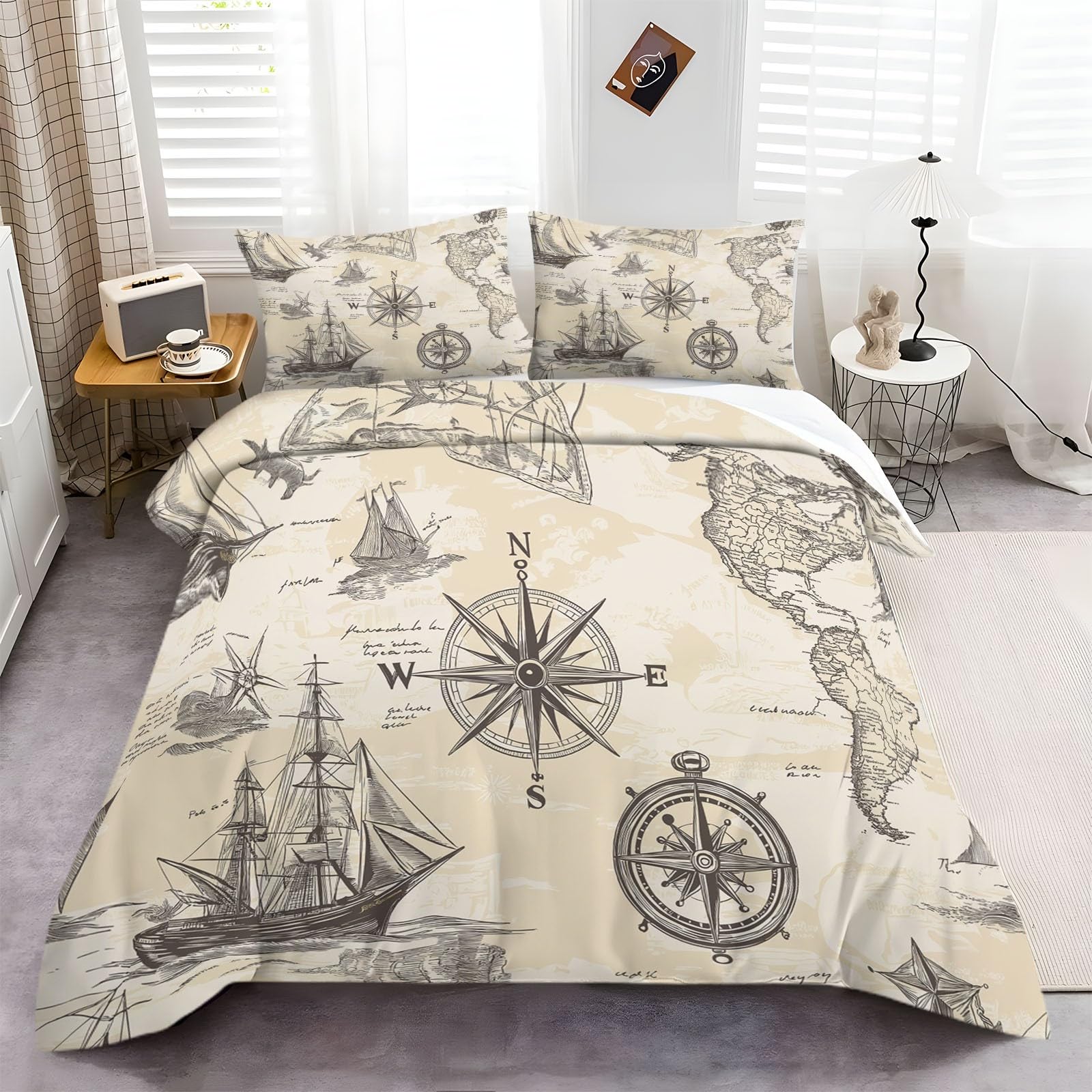 Funda Nórdica Brújula Y Velero Juego De Cama Suave Transpirable Microfibra 1 Funda Nórdica + 2 Fundas De Almohada 50X75cm Beige Cama 90
