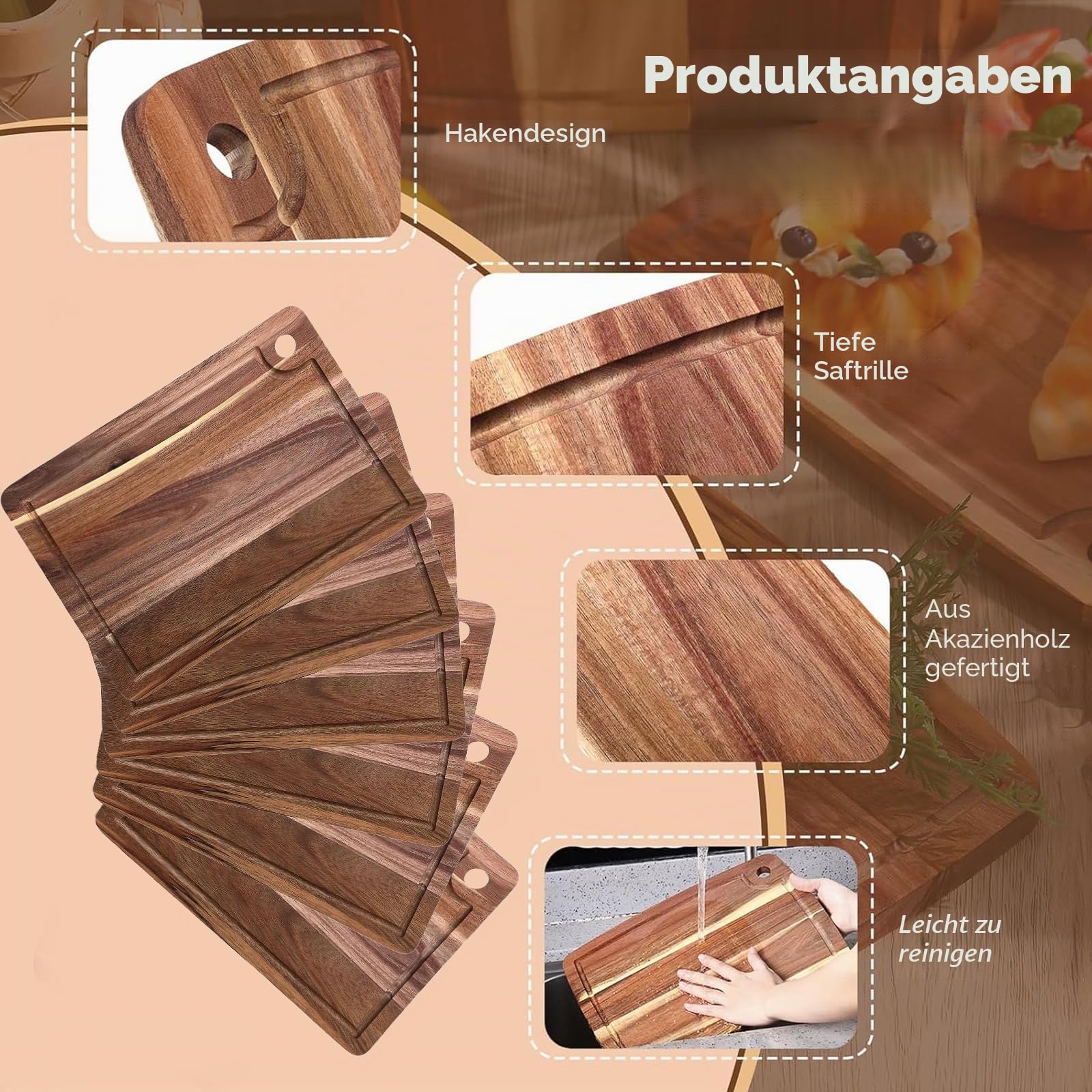 6er Set Schneidebretter aus Holz, Schneidebrett aus Akazienholz mit Saftrille, 1,5 cm Dicke, Küchen-Hackbrett aus Holz für Fleisch, Käse, Obst und Brot, 35 × 25 cm