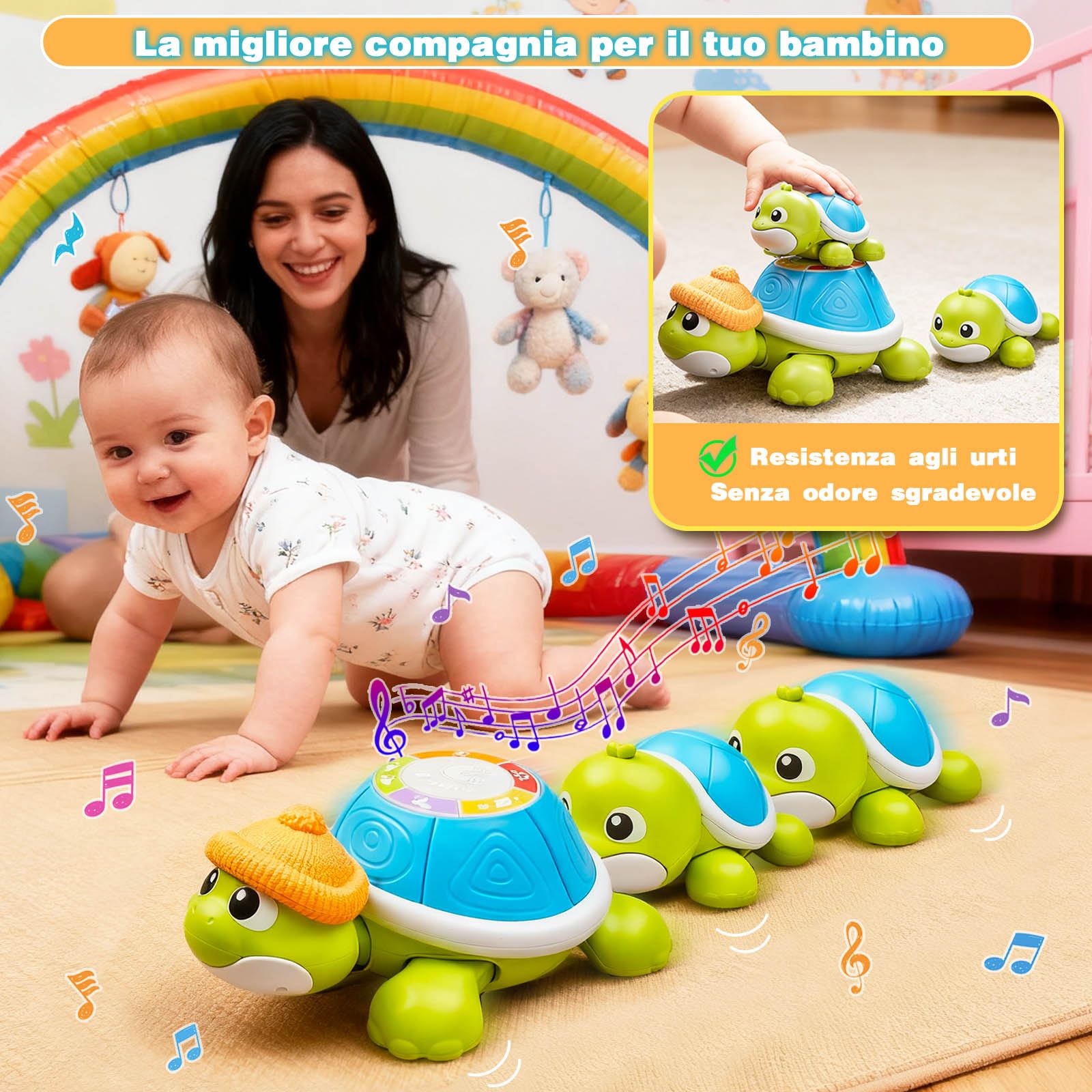 HILKKET Giocattolo strisciante per bebè, 3 pezzi, tartaruga che cammina con musica e luci, giocattolo per bambini 3-6-12 mesi regalo, 1 2 anni ragazza giocattoli di risveglio musicale, idea regalo per