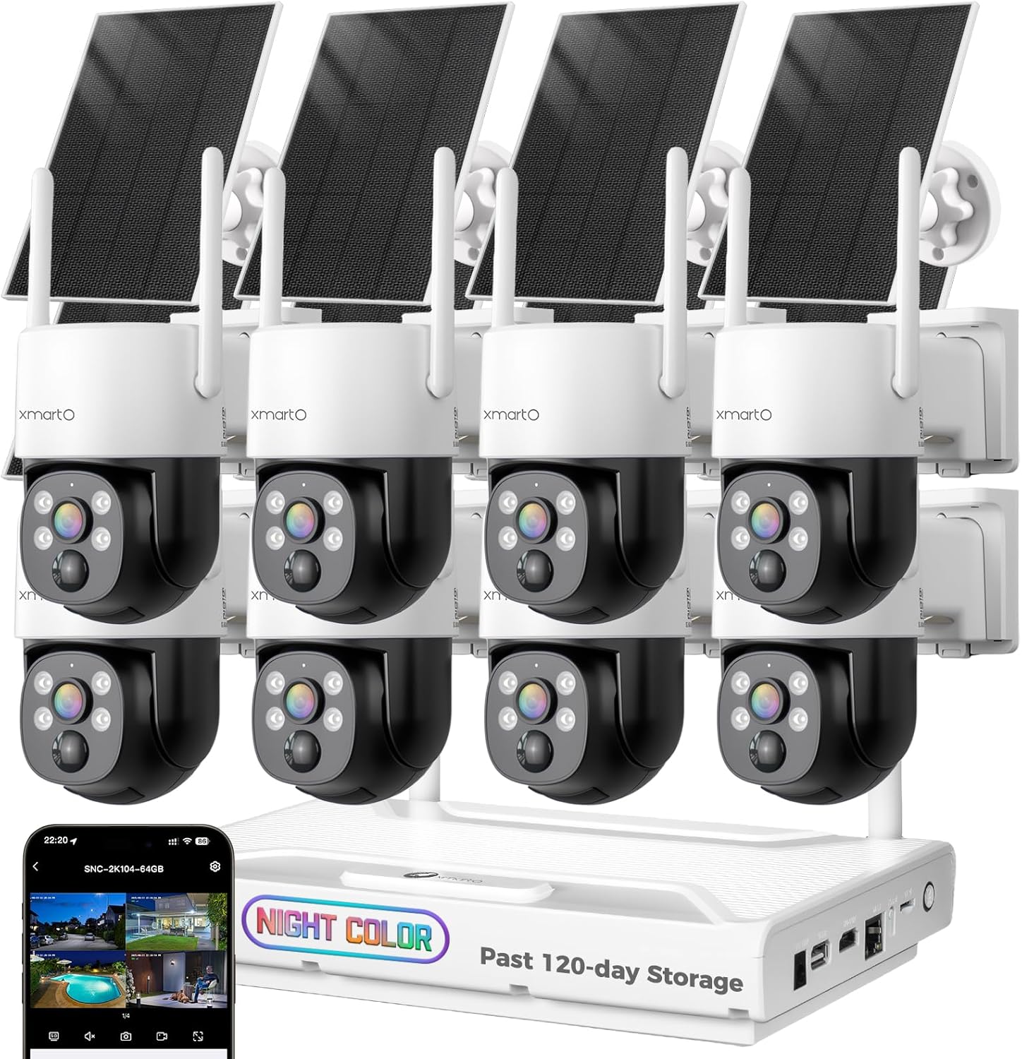 XMARTO 0-Light Night Color Solar Security Camera System(8 Cameras), 2K HD Wireless PTZ, AI Tracking, WiFi6 Long Range, 10CH Expandable 4K NVR with 120-Day Local Storage, 0 Monthly Fee