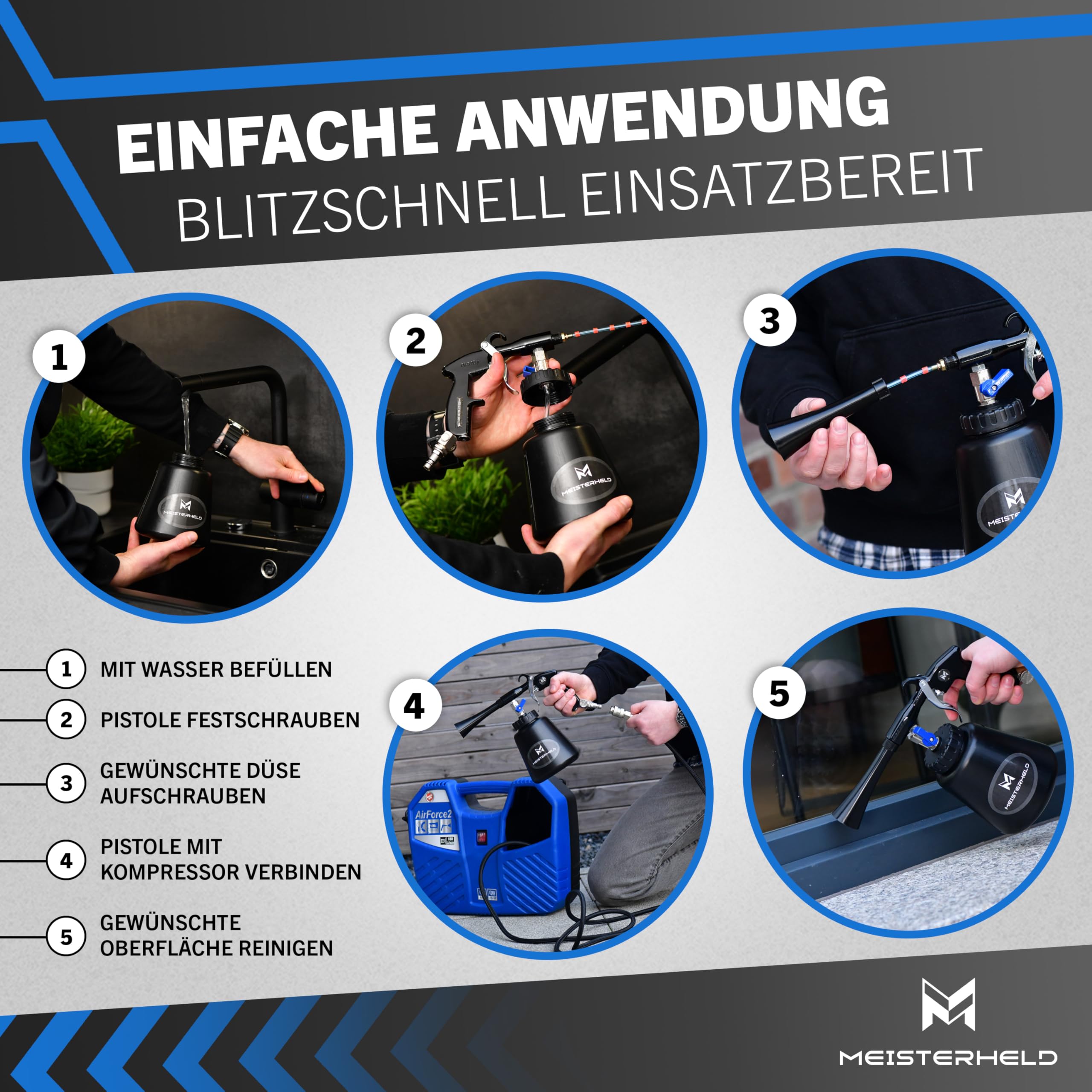 Druckluftreinigungspistole - präziser Trocken- & Nass-Reiniger für Auto, Teppich & Co - Luftdruckpistole mit Wassertank, Bürsten-Aufsatz & Dosierventile