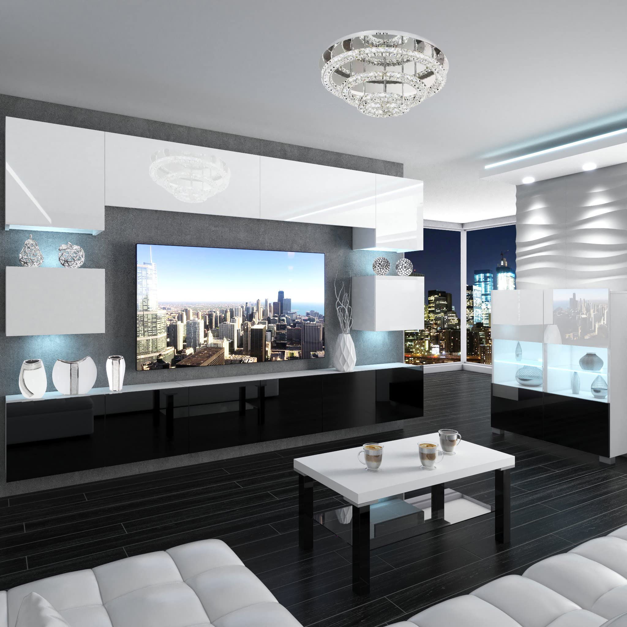 BELINI - Set completo da parete per soggiorno, moderna parete con illuminazione a LED, colore: Bianco/Nero