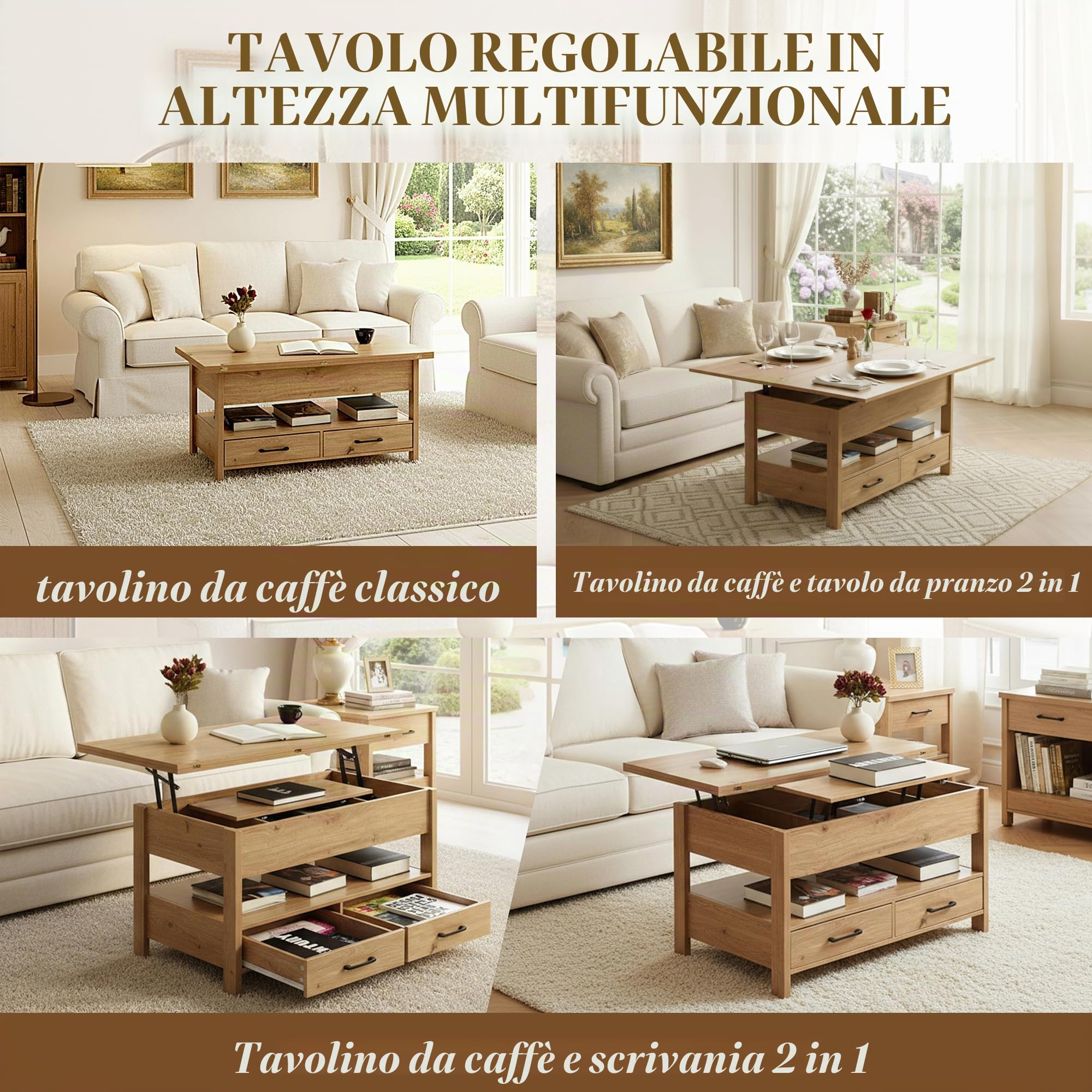 Tavolino da Salotto Regolabile in Altezza, Tavolo Pieghevole Allungabile Trasformabile in Tavolino da Caffè con Cassetti e Vano Nascosto Salotto Moderno Mobili Soggiorno/100x50x50CM-Stile-A/Faux Oak