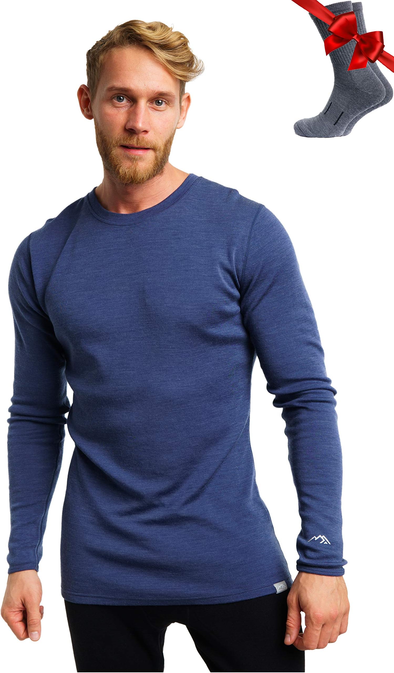 Merino Wool Base Layer - Mens 100% Merino Wool Long Sleeve Thermal Shirts Heavyweight, Midweight, Lite with Socks, 250 Windsor Blue, M