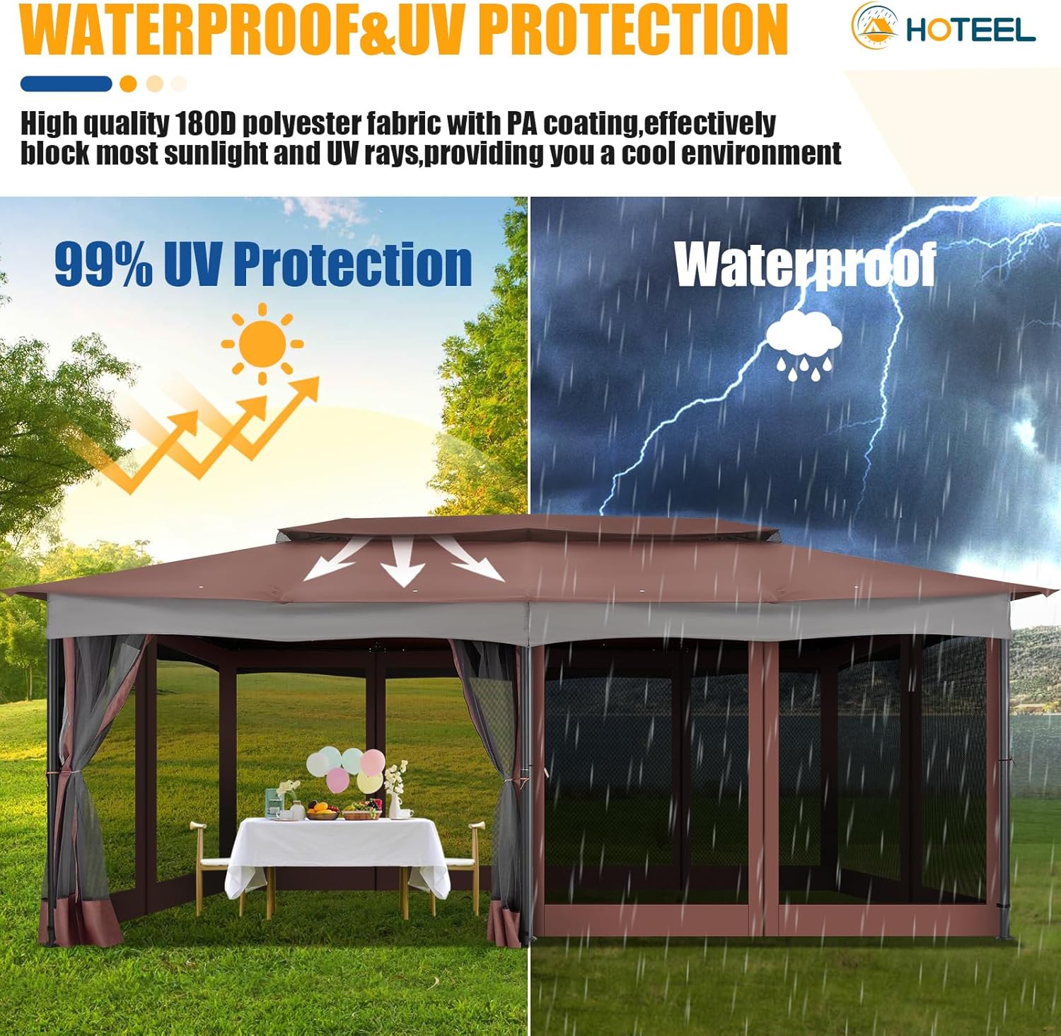 HOTEEL 12x20ft Gazebo on Clearance, Outdoor Gazebo Tent with Mosquito Netting and Ventilated Double Flat Roof, Easy Set up Canopy Tent with Stable Metal Frame for Patio, Brown(Upgraded 3.0)