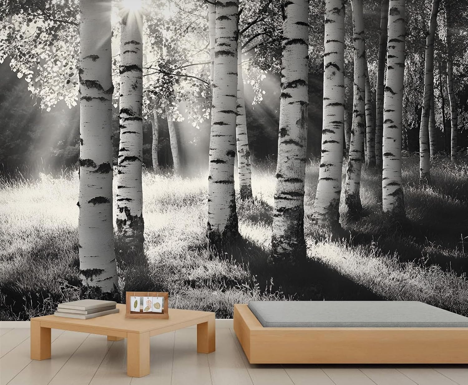 Black White Birch Tree Forest Wall Mural, Forest Photo 3D Wall Murals, Modern Minimal White Birch Tree Wallpaper Mural, for Living Room Bedroom Large Wallpaper Interior Decor 157.5" W x110.3 H