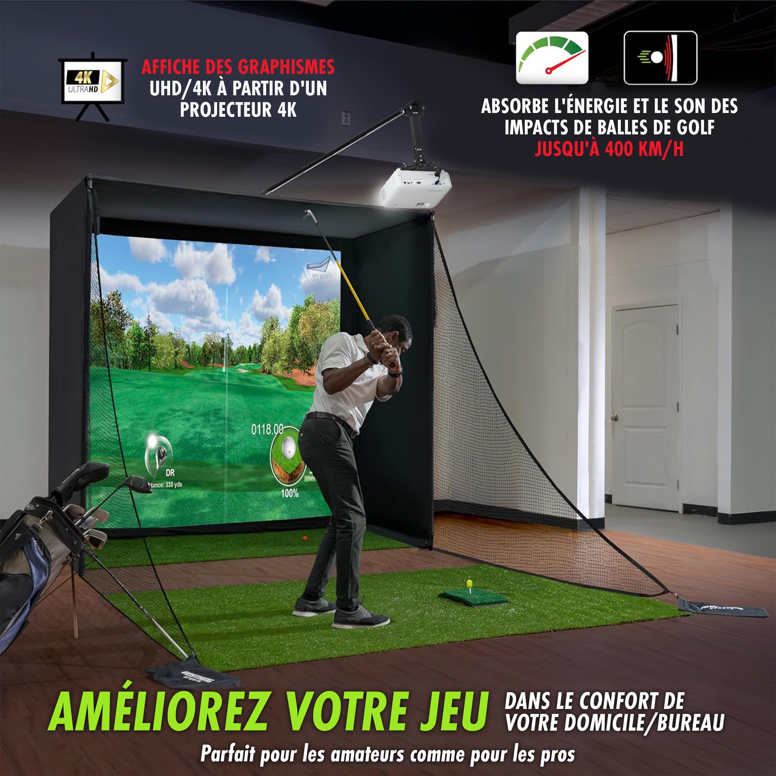 Anything Sports - Boîtier De Simulateur De Golf avec ÉCran D'impact 4k Et Filet De Protection - Cage D'entraînement Intérieure Complète - Structure en Métal