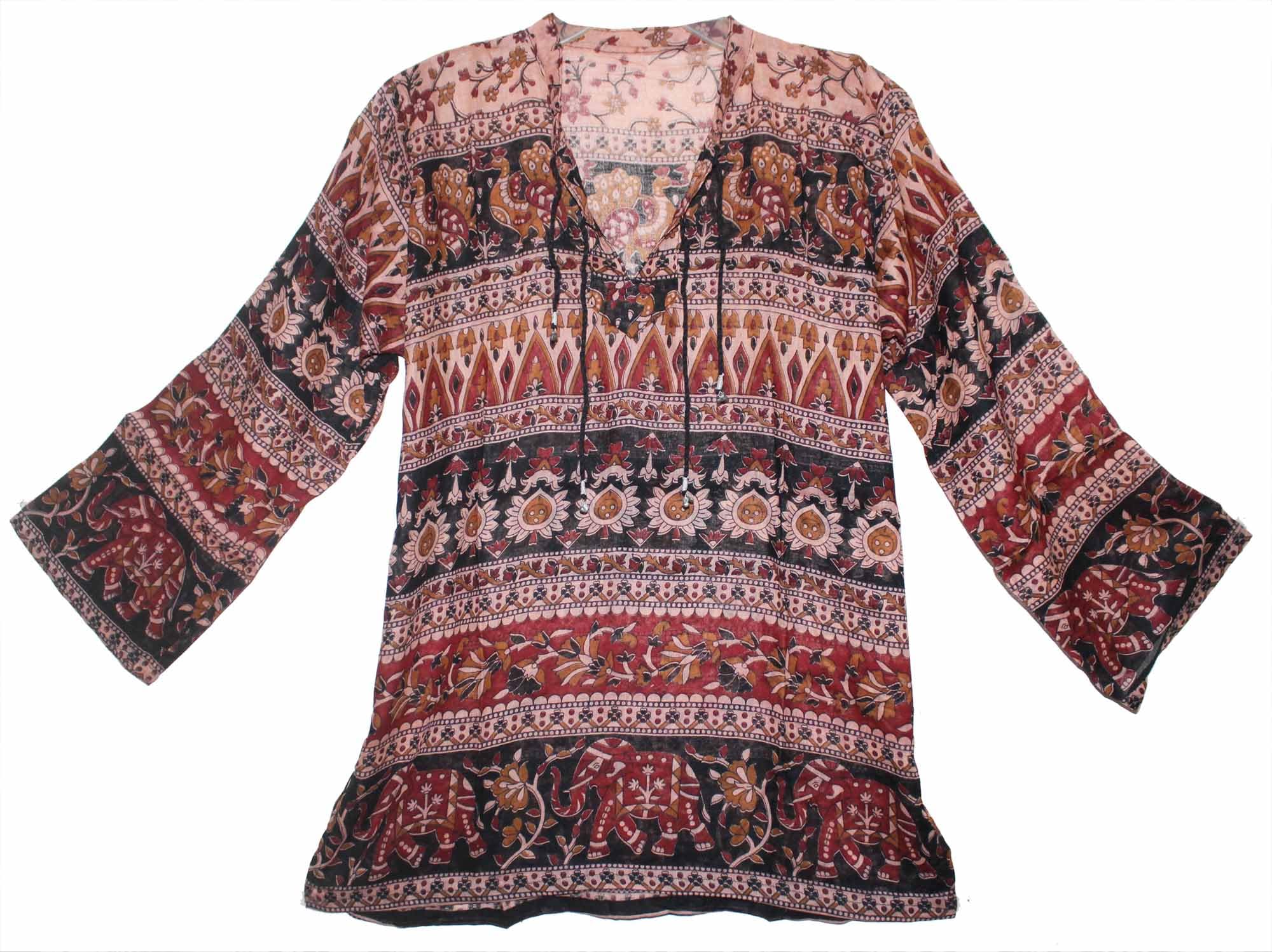 FOI Indian Vintage Pattern Cotton Hippie Blusa Top Dress Blouse Women Ehs Multi