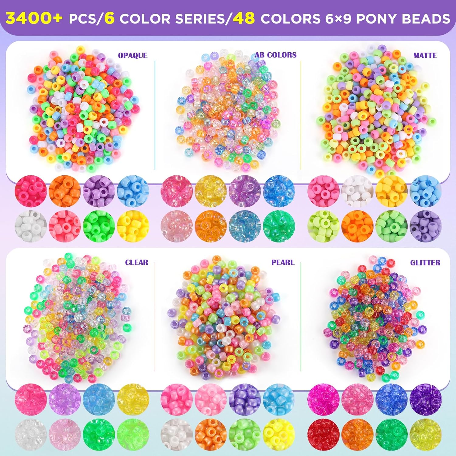 3400Pcs Pony Beads Bulk, 48 Colors Plastic Pony Beads for Bracelets Jewelry Making, Funtopia Kandi Beads for Craft DIY Project, Rainbow Hair Beads for Braids for Girls, 6 Color Series, 6x9 mm - Image 3