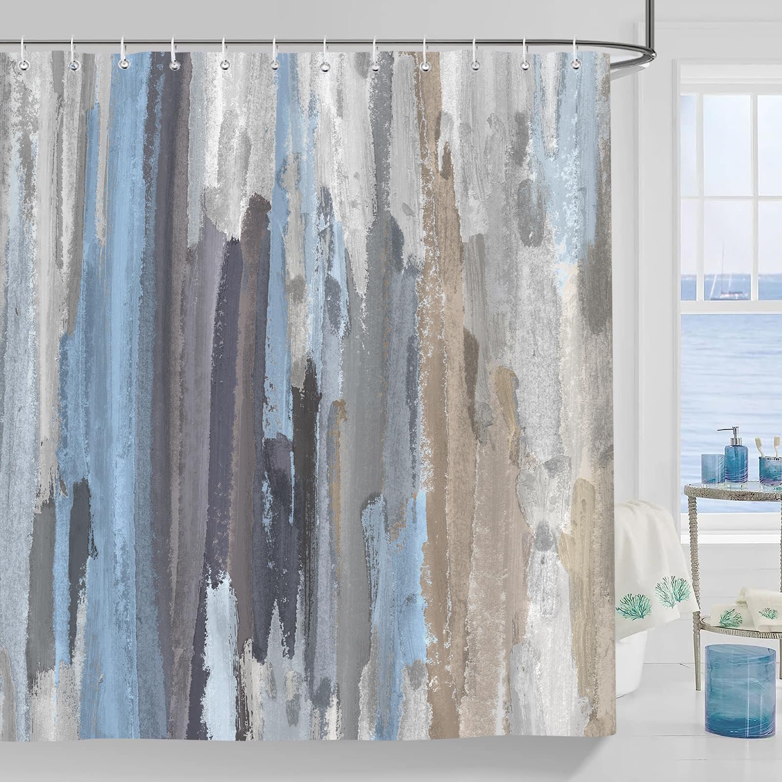 Emwnodti Abstract Shower Curtain, Blue Gray Stripe Contemporary Abstract Modern Aesthetic Home Bath Curtain, Durable Waterproof Shower Curtain Set