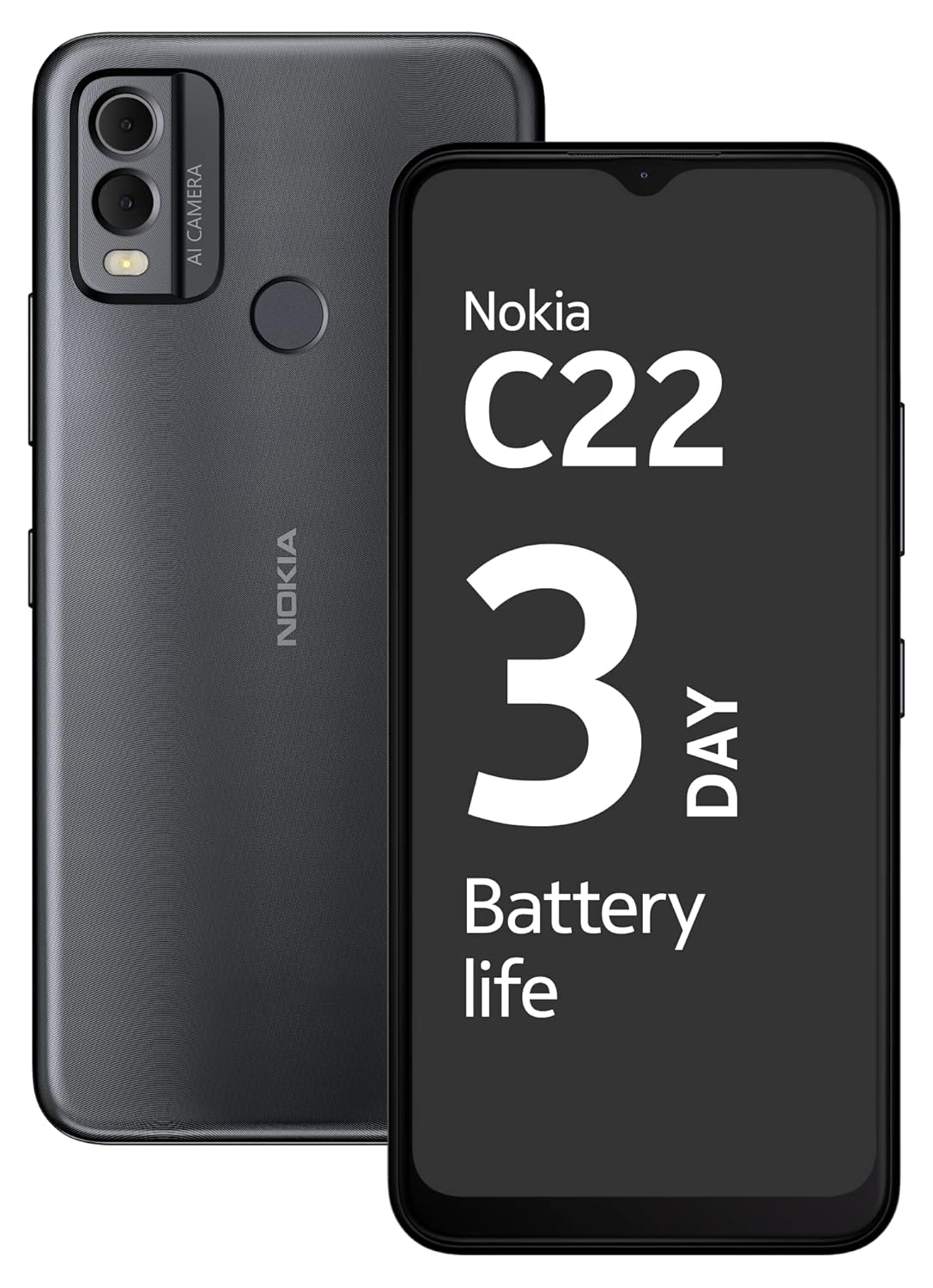 Nokia C22 | 3-Day Battery Life | 4GB RAM (2GB RAM + 2GB Virtual RAM) | 13 MP Dual Rear AI Camera with Night & Portrait Mode | IP52 | Charcoal Nokia C22 | 3-Day Battery Life | 4GB RAM (2GB RAM + 2GB Virtual RAM) | 13 MP Dual Rear AI Camera with Night & Portrait Mode | IP52 | Charcoal