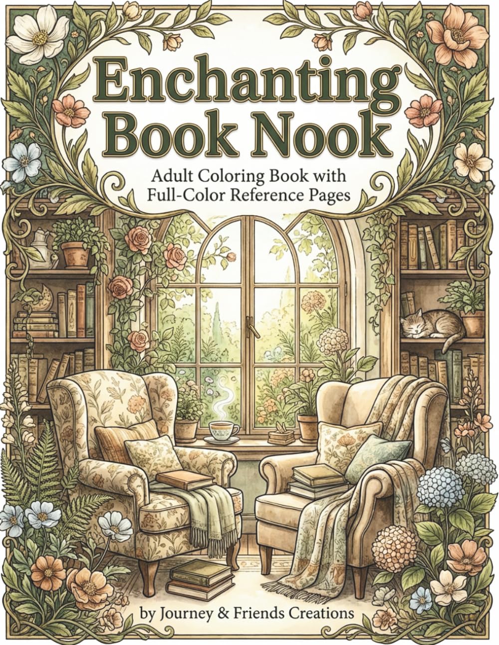 Enchanting Book Nook Adult Coloring Book with Full-Color Reference Pages: 40 Detailed Illustrations, Calm and Cozy Coloring Book