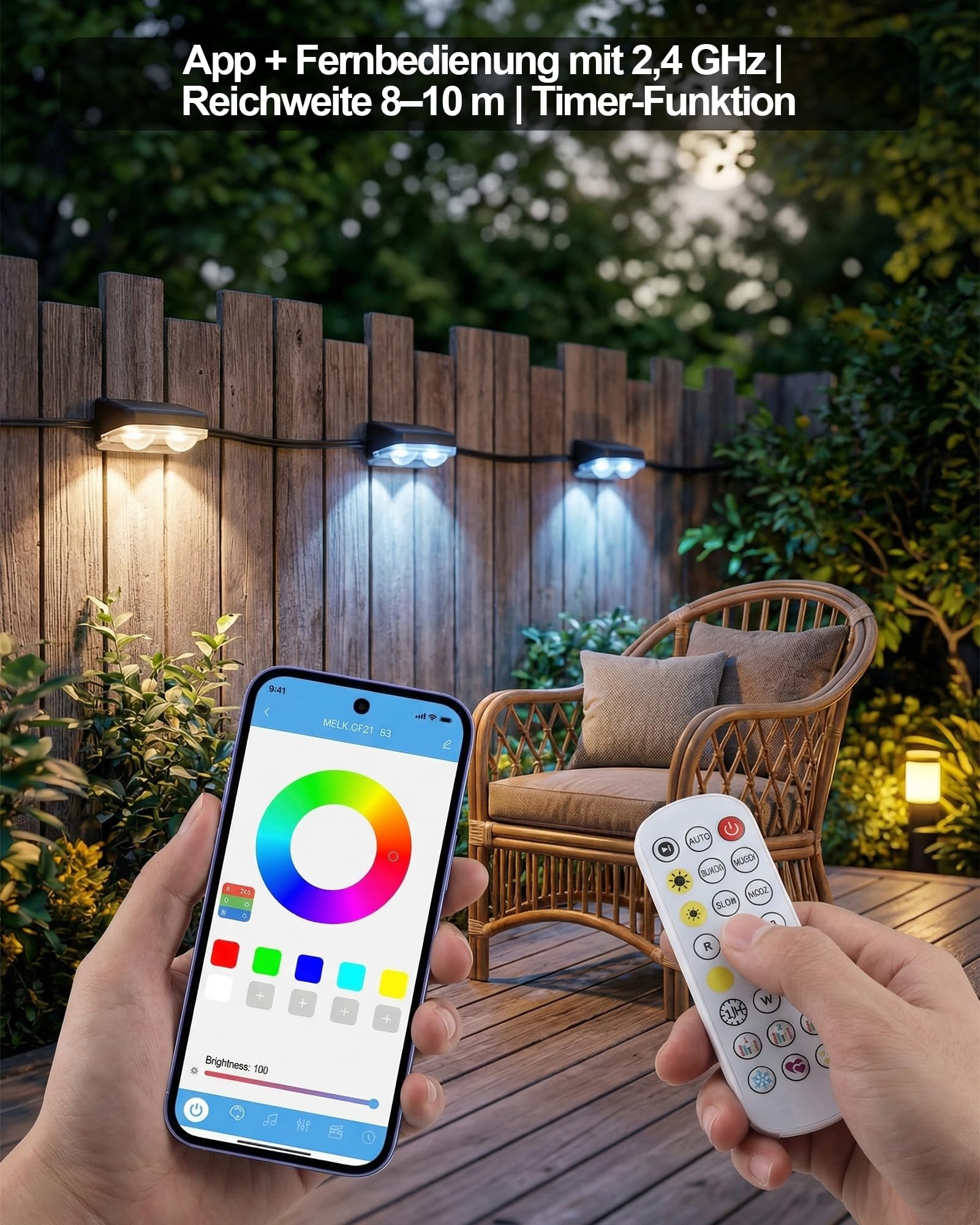Smart LED Lichterkette Aussen für Zaun, RGBW IC Bluetooth App, IP67 Wasserdicht Outdoor Garten Deko,50ft-8 Leuchten