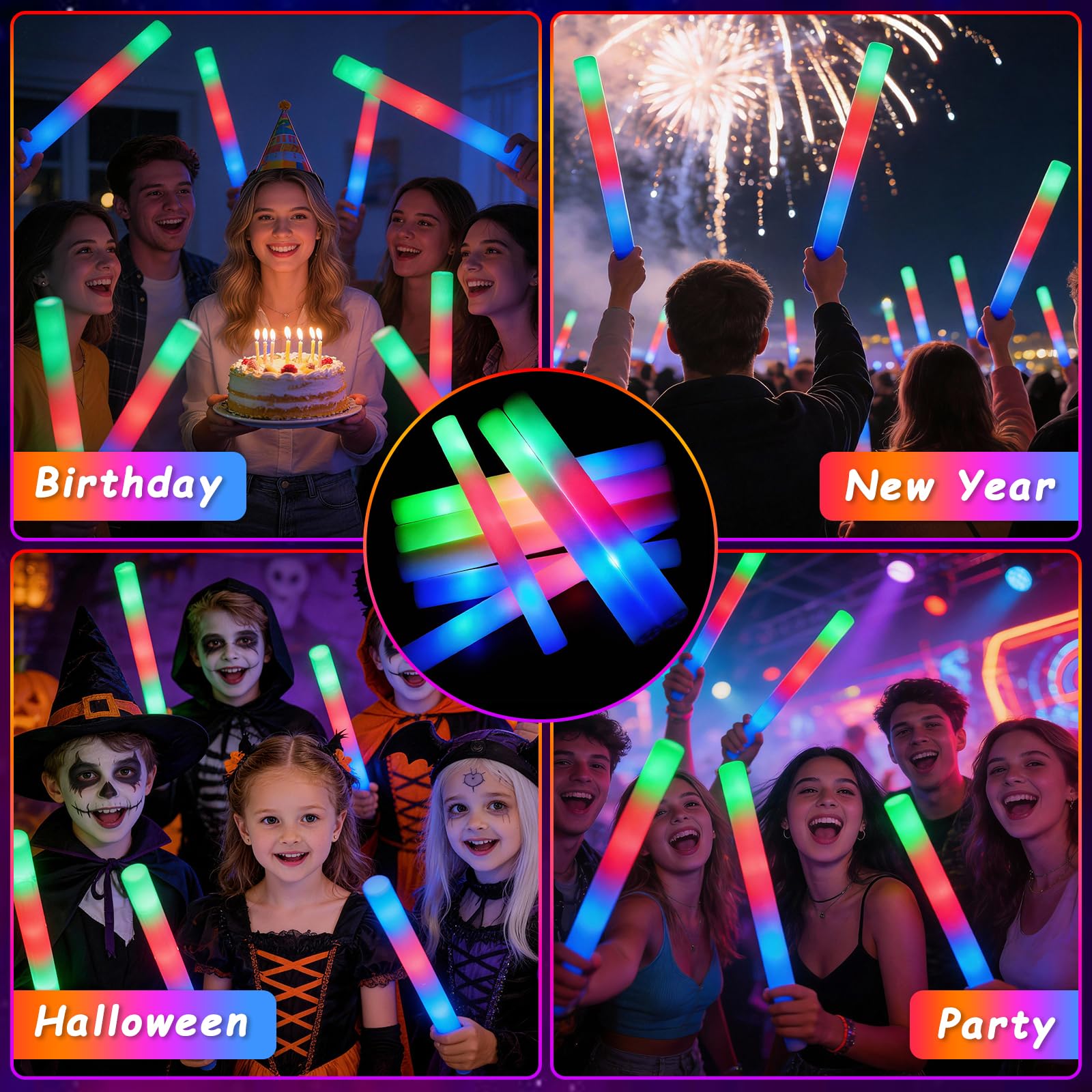 Wellent 72 Stück LED-Schaumstoffstäbchen, leuchtende Schaumstoffstäbe mit 3 Farbmodi, Leuchtstäbe, Party-Set, leuchten im Dunkeln, Partyzubehör für Hochzeit, Konzert, Neujahr, Geburtstag, Weihnachten