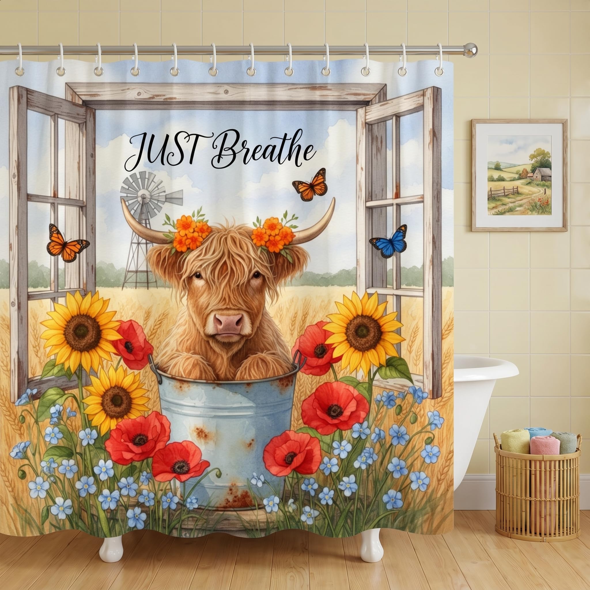 GleeWrap Highland Cow Shower Curtain, Farmhouse Rustic Bathroom Curtain with Sunflowers and Wildflowers, Waterproof Mould Resistant Fabric with 12 Hooks, 180 x 180 cm