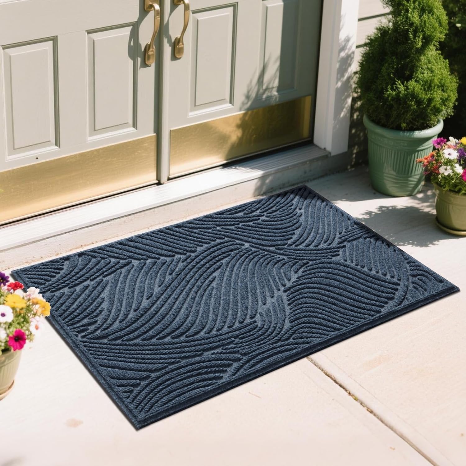 Yimobra Doormat Indoor Outdoor Entrance, Simple Stripes, All-Weather Waterproof & Non-Slip Mat for Front Door, Heavy Duty Polyester Welcome Mat for Garage, Patio-47x32，Blue