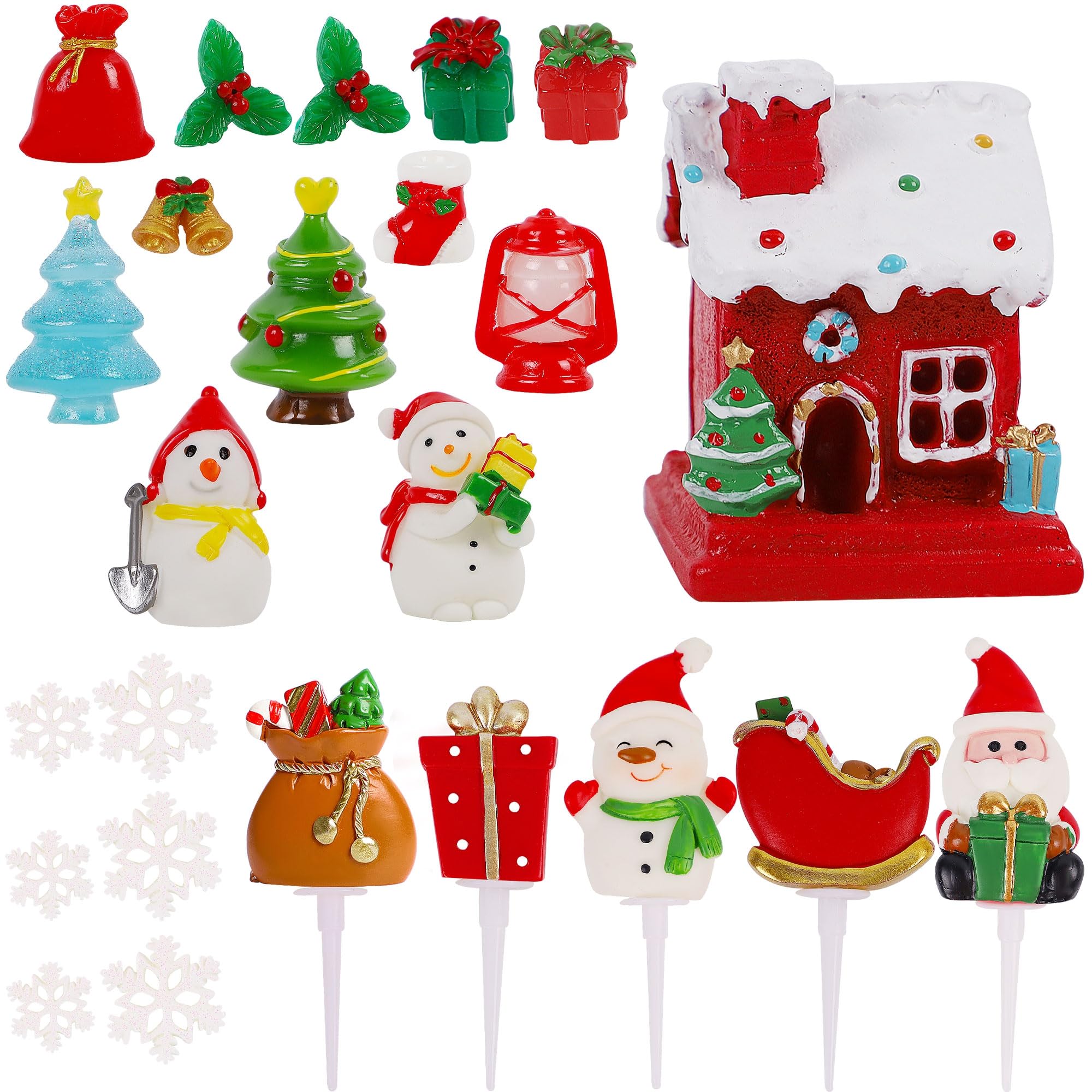 Lulu Home 24 Pcs Christmas Decorative Crafts Kit, Resin Miniature Snowman Tree Snowflakes Gift Box Santa Figurines & House Ornaments for Snow Globes DIY Xmas Accessories