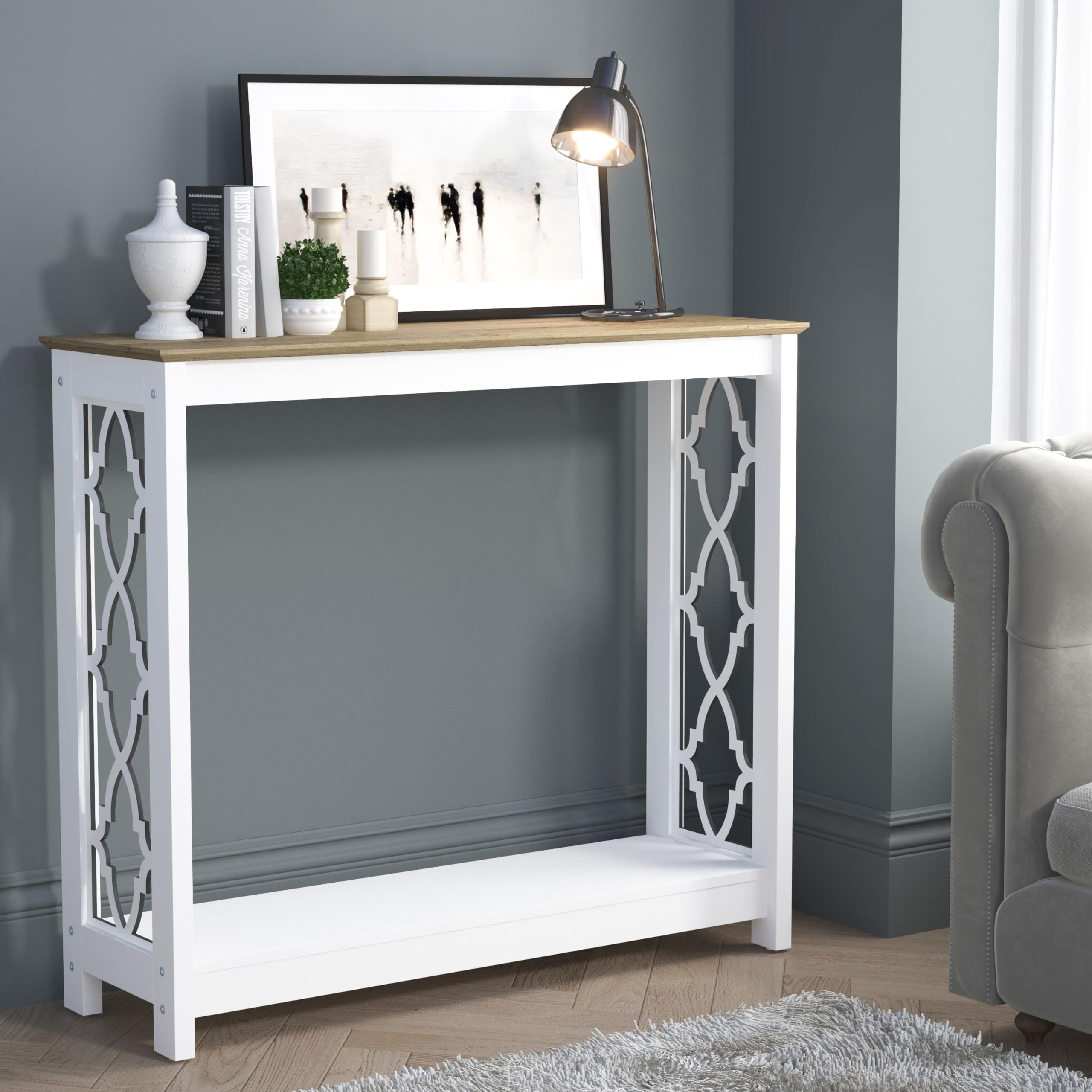 Galano Nova Console Table – White & Oak – Modern Entryway Table with Storage – Slim Hallway Bookshelf Cabinet – Space-Saving Console for Living Room, Foyer or Bedroom