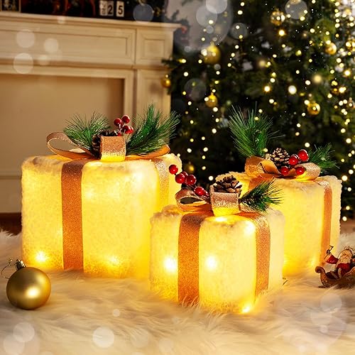 Decoraciones de Navidad para interiores, cajas de regalo iluminadas de Elegear Navidad, 8 modos y función de temporizador, juego de 3 cajas de disponible en Yaxa Peru