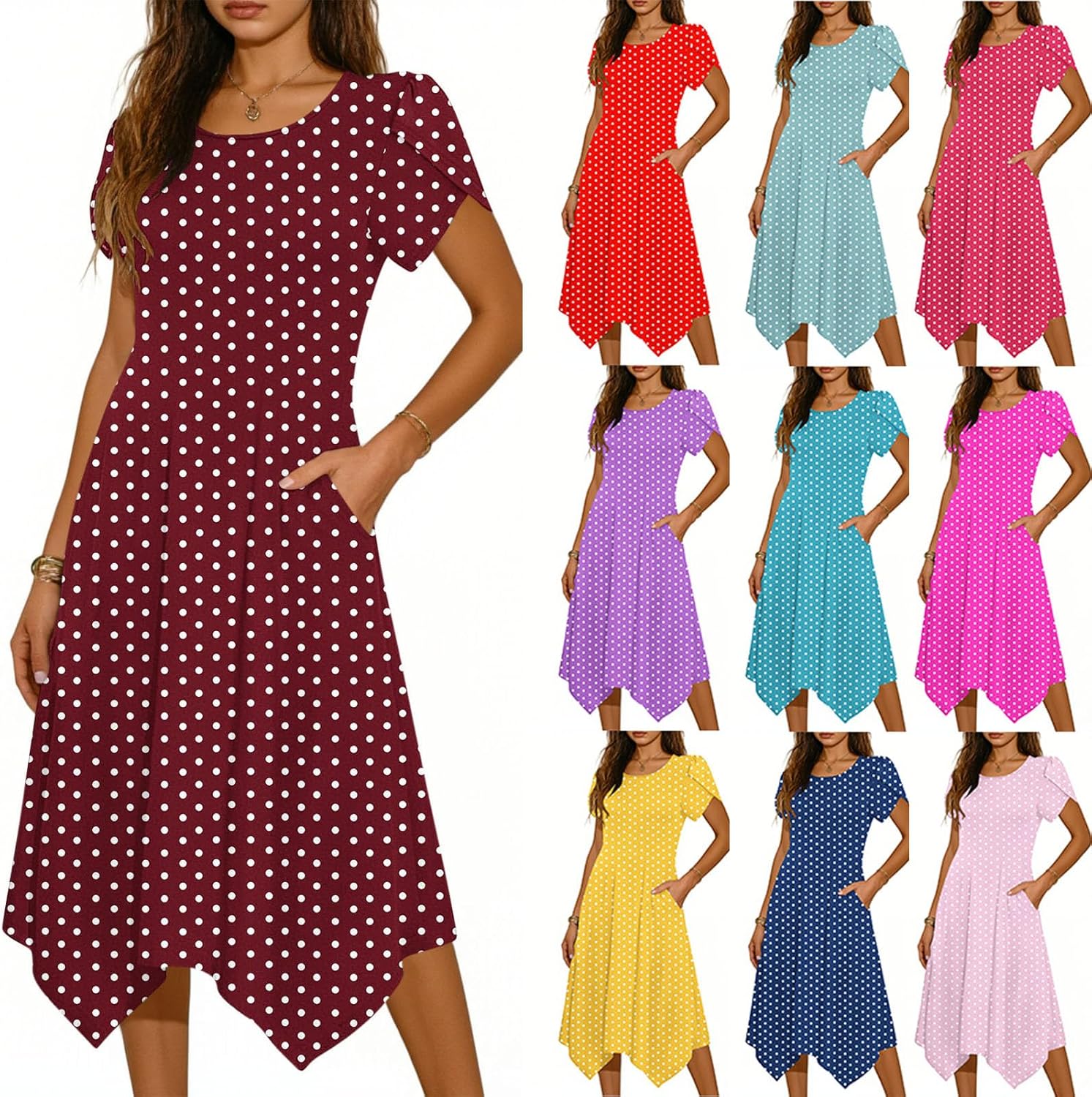 Polka Dots Petal Sleeve Dress for Women Summer Elegant Irregular Hem Loose Swing Casual Dresses with Pockets