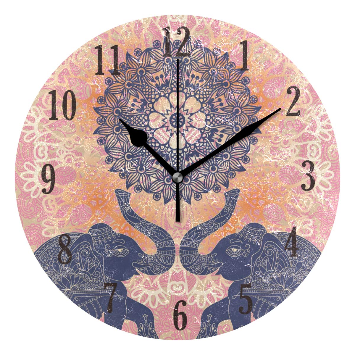 Mnsruu Multicolor Round Indian Pattern Elephants Wall Clock Silent Non Ticking Operated Accurate Sweep Movement,Decorative For Living Room, Bedroom, Office