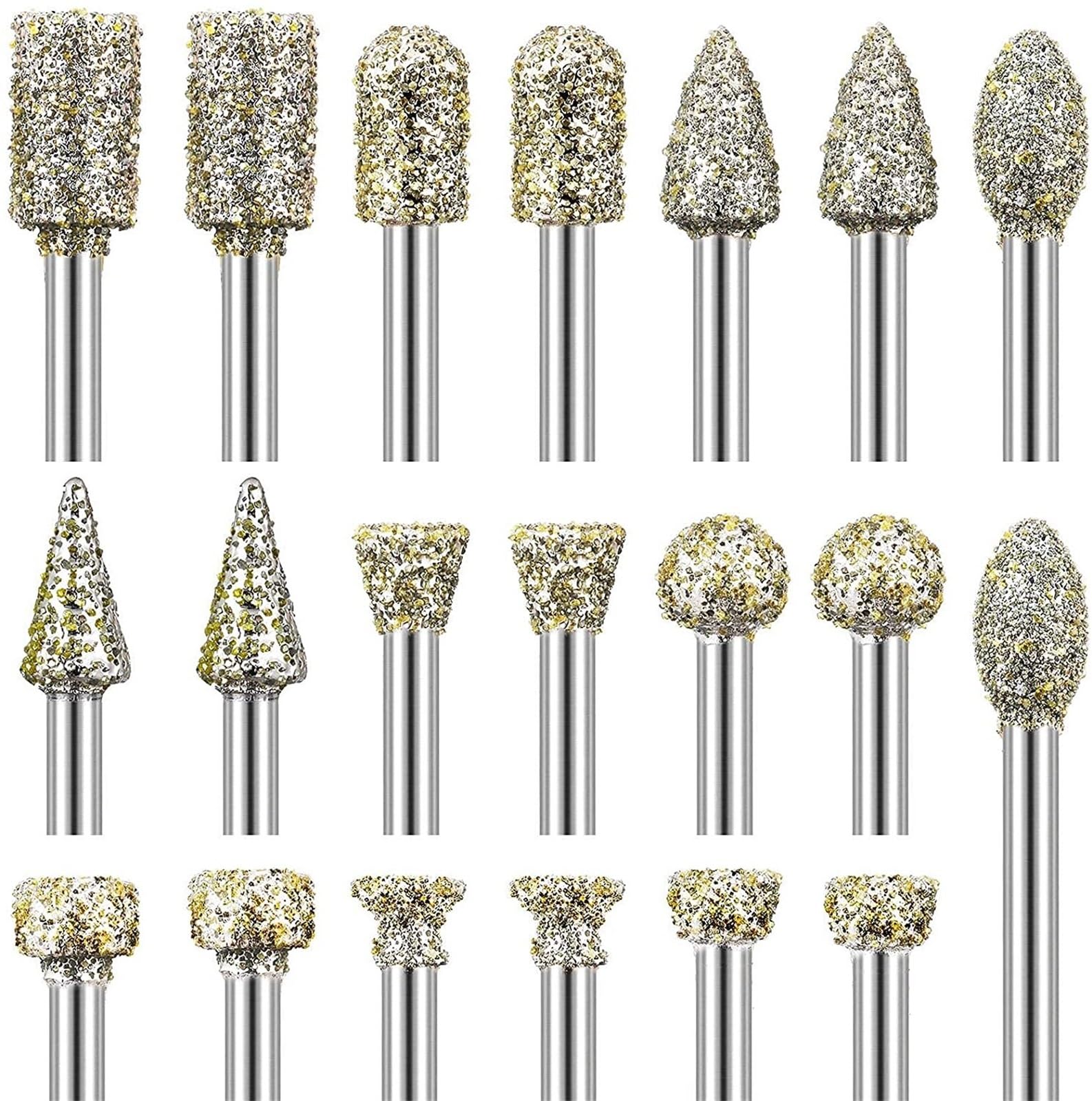 Lovssu 20Pcs 3.0Mm Shank Accessories Diamond Grinding Heads Mini Drill Burrs Bit Set For Rotary Tool