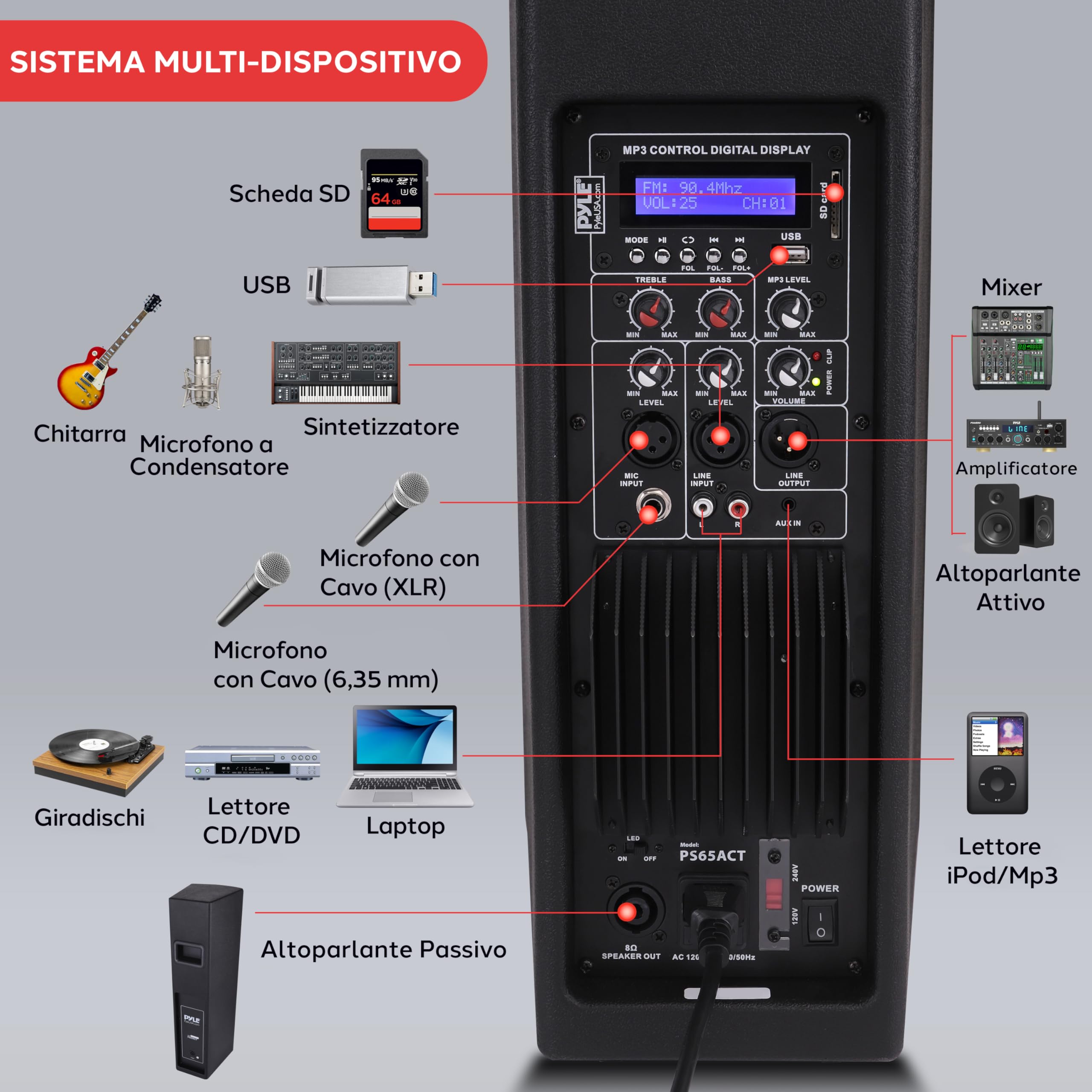 Pyle Casse Bluetooth Portatili, 3 Vie, Altoparlante Bluetooth Attivo e Passivo, Sistema PA Portatile con Ingresso Microfono, Speaker con Luci per Feste, Treppiedi, Radio FM, Telecomando, Nero